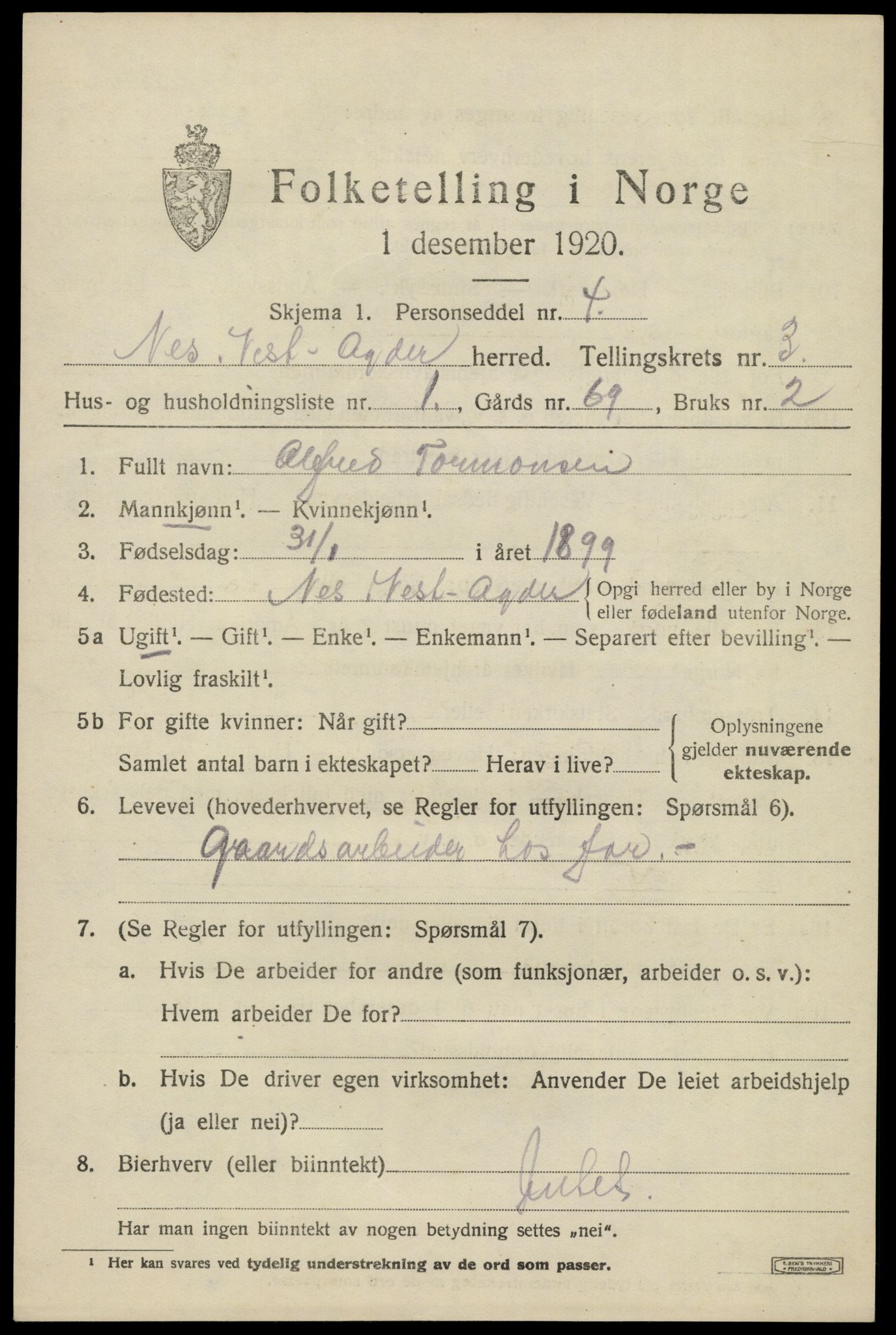 SAK, 1920 census for Nes (V-A), 1920, p. 1540