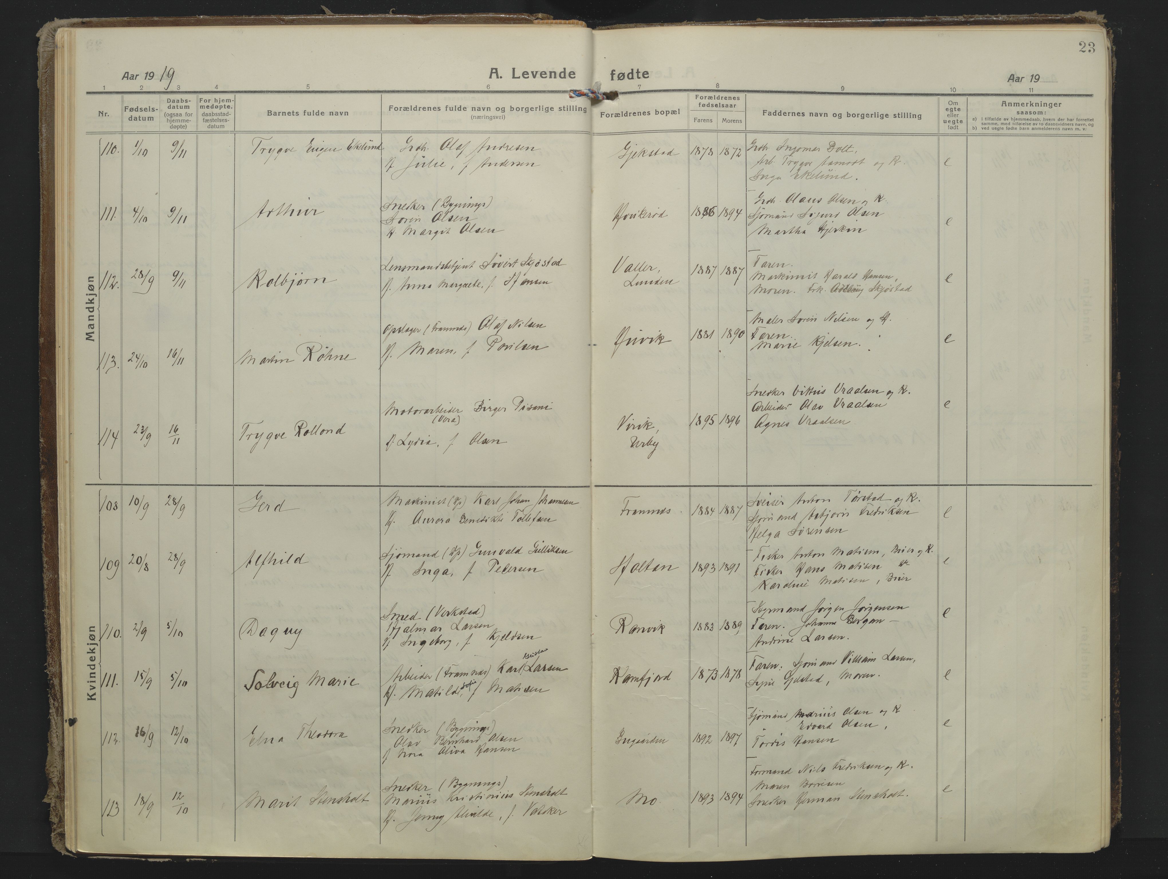 Sandar kirkebøker, AV/SAKO-A-243/F/Fa/L0022: Parish register (official) no. 22, 1919-1931, p. 23