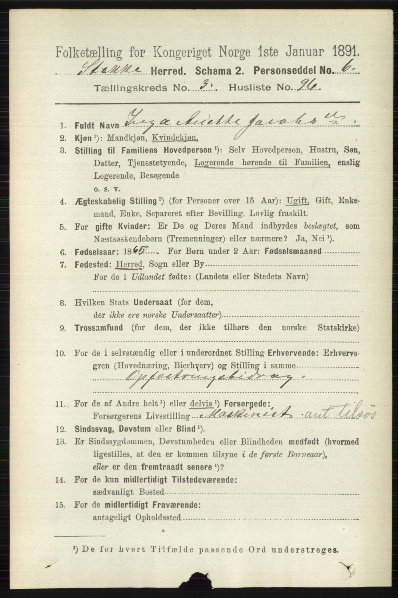 RA, 1891 census for 0720 Stokke, 1891, p. 2182