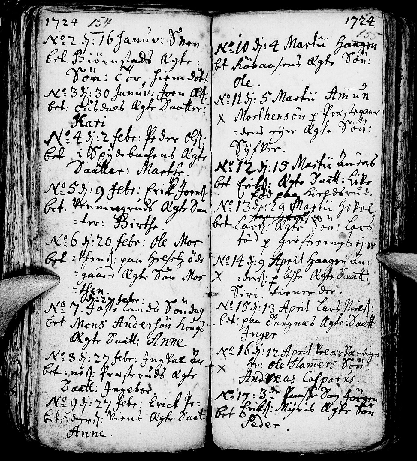 Nes prestekontor, Hedmark, AV/SAH-PREST-020/L/La/L0001: Parish register (copy) no. 1, 1663-1784, p. 154-155