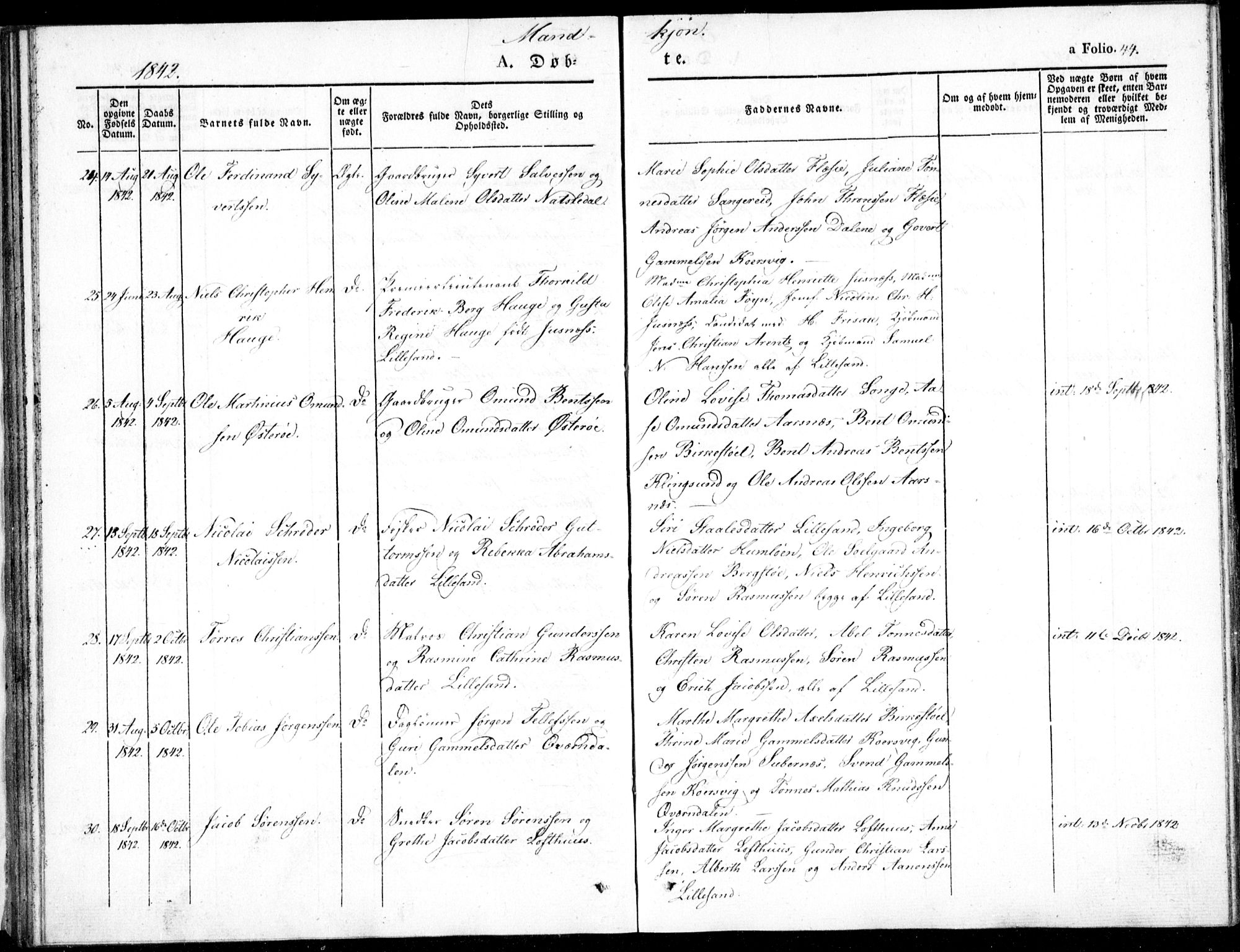 Vestre Moland sokneprestkontor, AV/SAK-1111-0046/F/Fb/Fbb/L0002: Parish register (copy) no. B 2, 1836-1851, p. 44