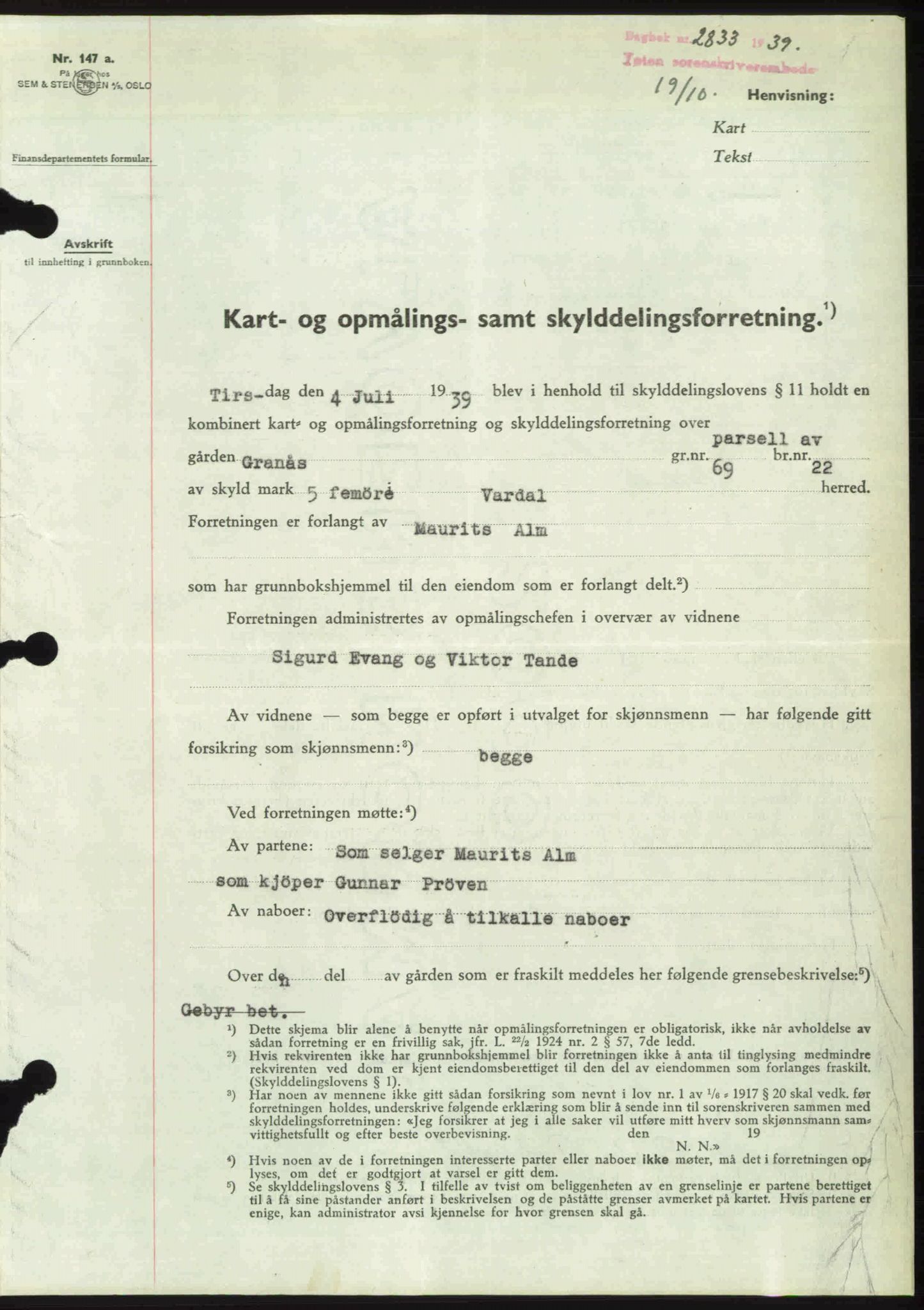 Toten tingrett, SAH/TING-006/H/Hb/Hbc/L0006: Mortgage book no. Hbc-06, 1939-1939, Diary no: : 2833/1939