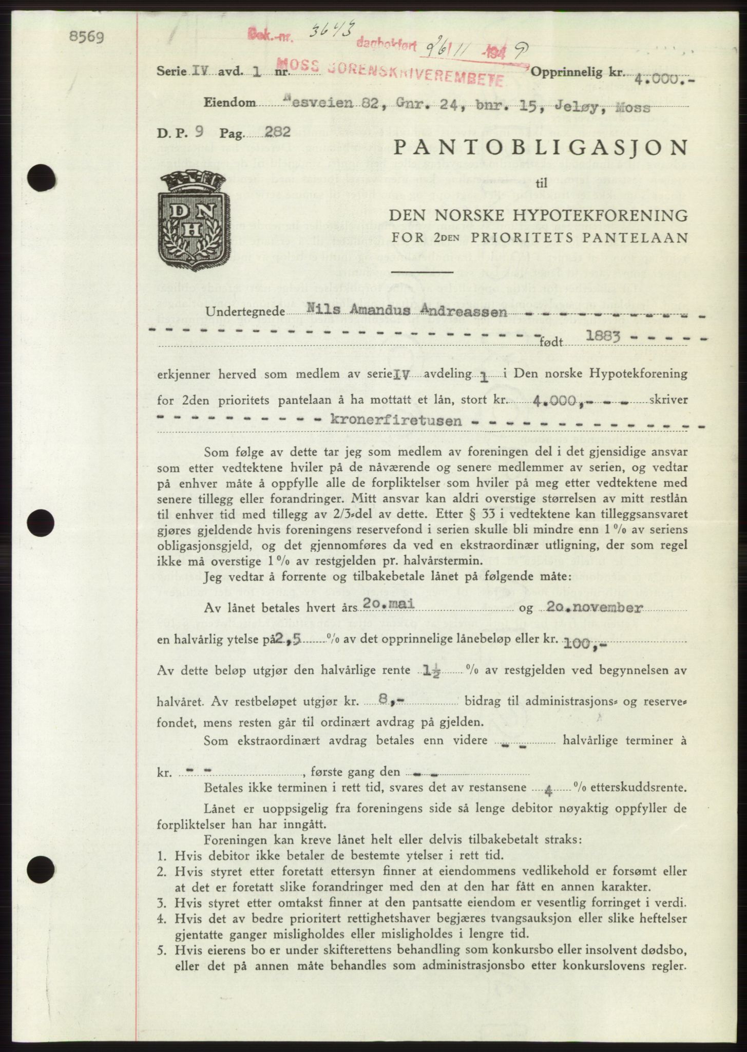 Moss sorenskriveri, SAO/A-10168: Mortgage book no. B23, 1949-1950, Diary no: : 3643/1949