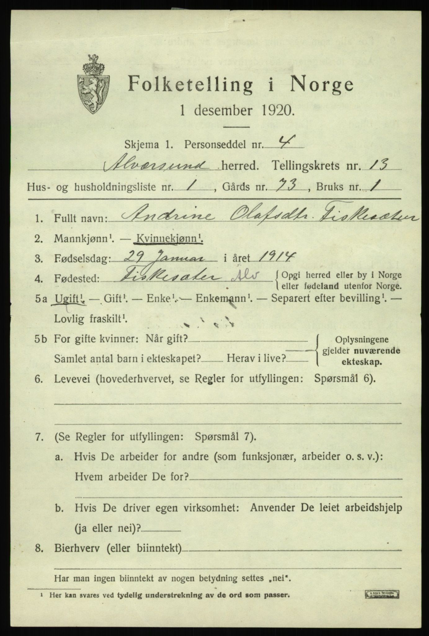 SAB, 1920 census for Alversund, 1920, p. 7156