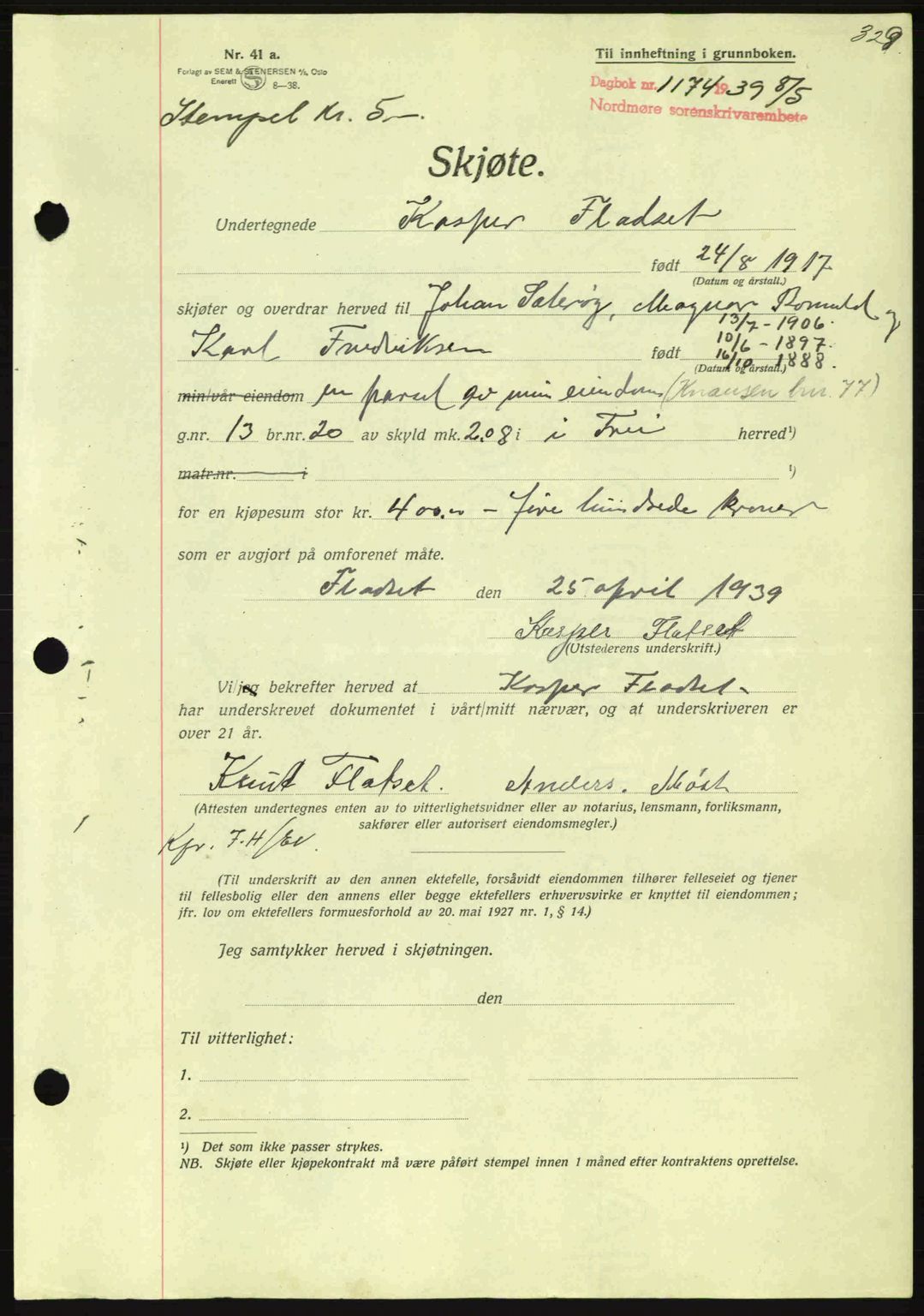 Nordmøre sorenskriveri, AV/SAT-A-4132/1/2/2Ca: Mortgage book no. A86, 1939-1939, Diary no: : 1174/1939