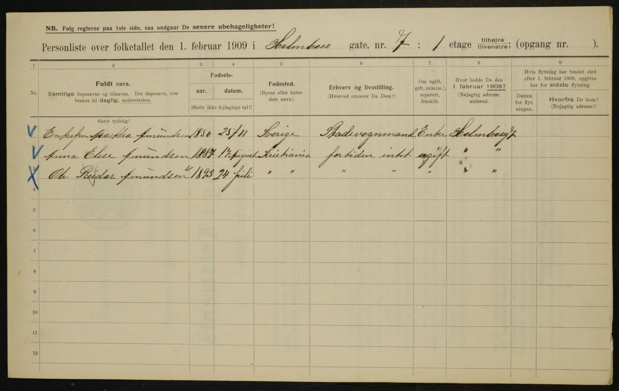 OBA, Municipal Census 1909 for Kristiania, 1909, p. 37009