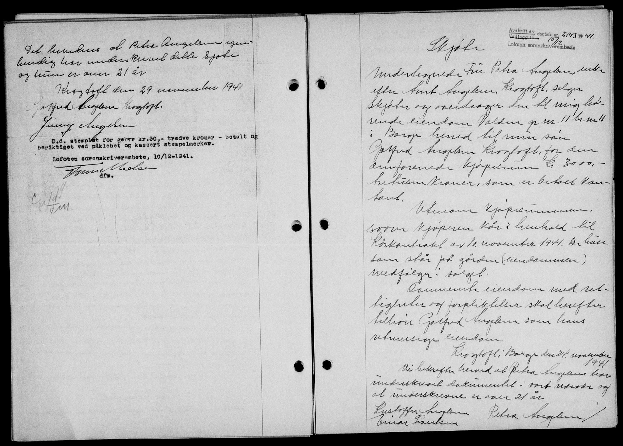 Lofoten sorenskriveri, SAT/A-0017/1/2/2C/L0009a: Mortgage book no. 9a, 1941-1942, Diary no: : 2143/1941