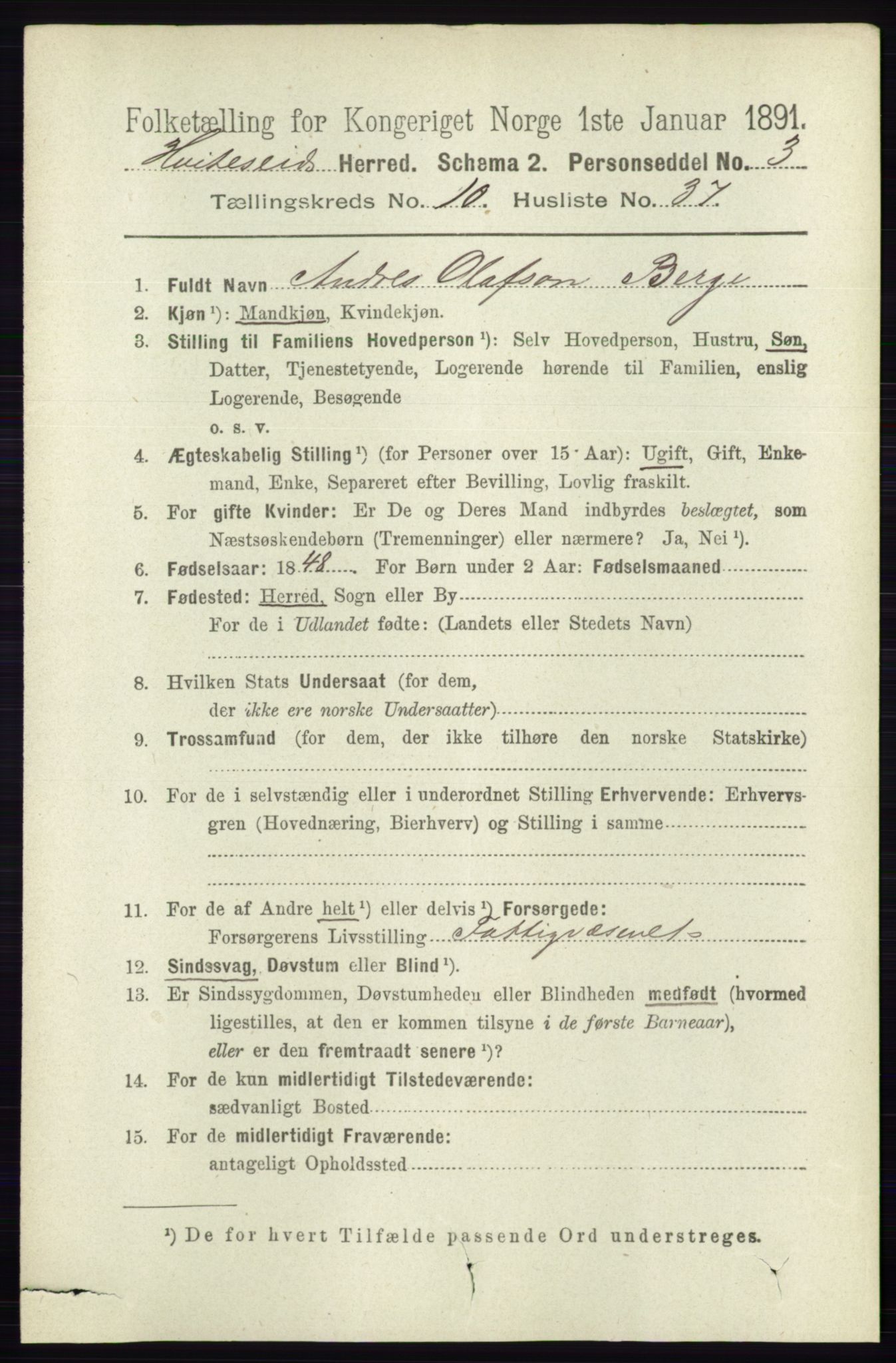 RA, 1891 census for 0829 Kviteseid, 1891, p. 2483