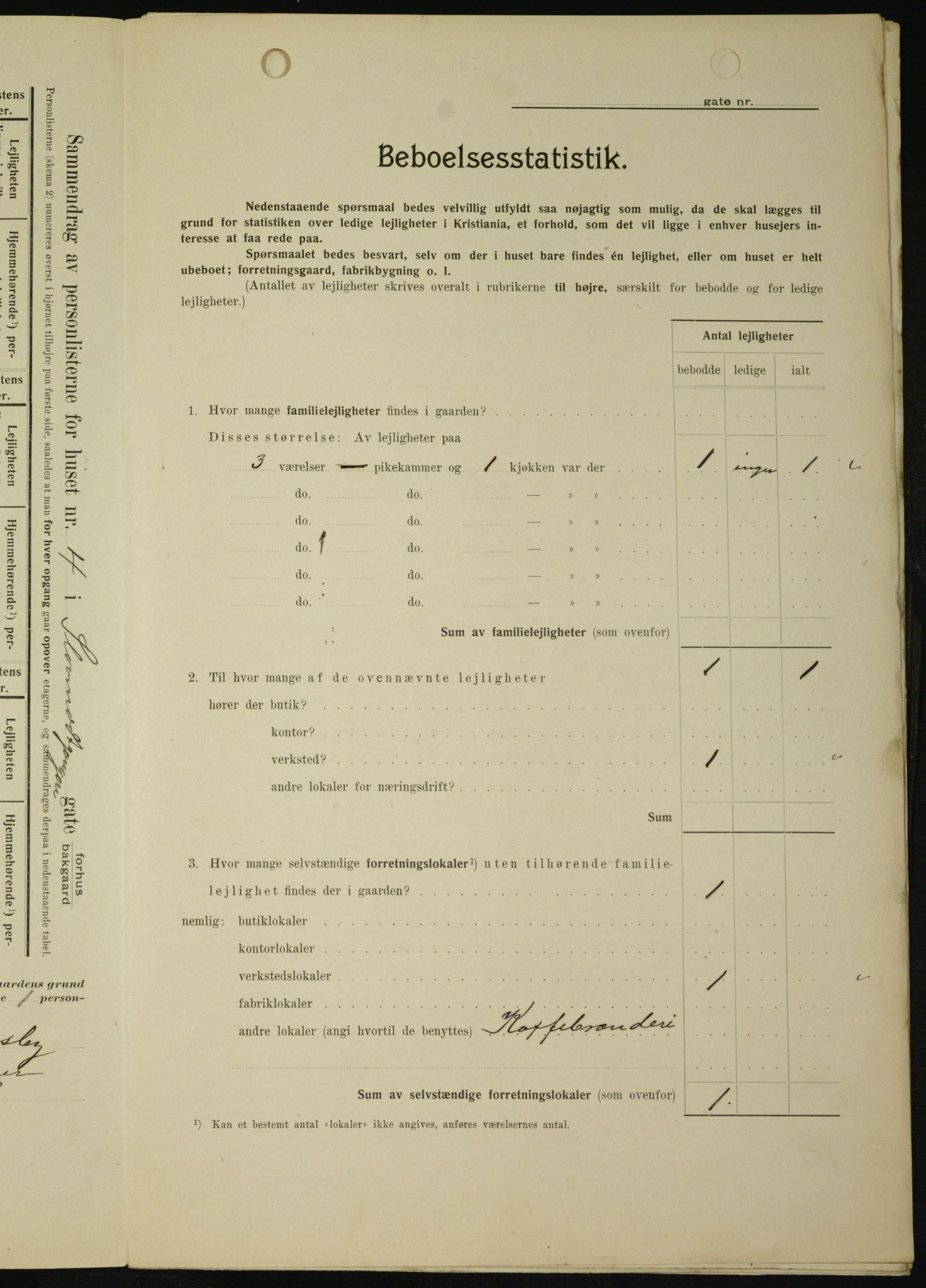 OBA, Municipal Census 1909 for Kristiania, 1909, p. 87913