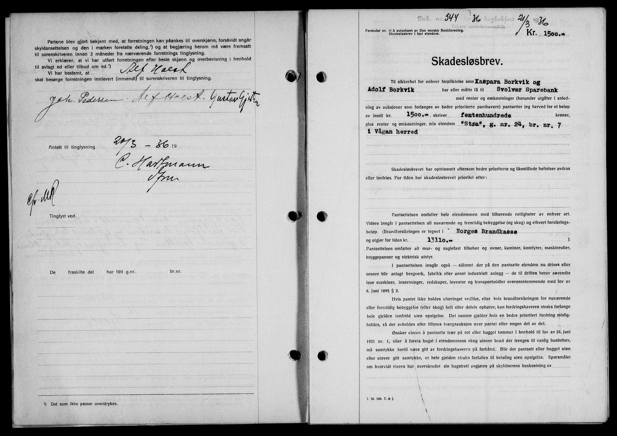 Lofoten sorenskriveri, SAT/A-0017/1/2/2C/L0033b: Mortgage book no. 33b, 1936-1936, Diary no: : 544/1936