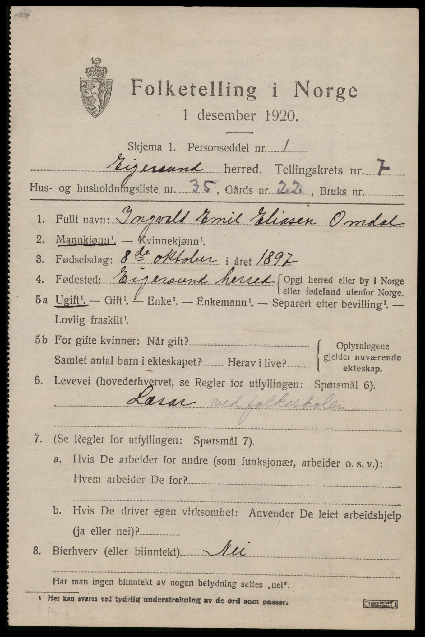 SAST, 1920 census for Eigersund, 1920, p. 5049