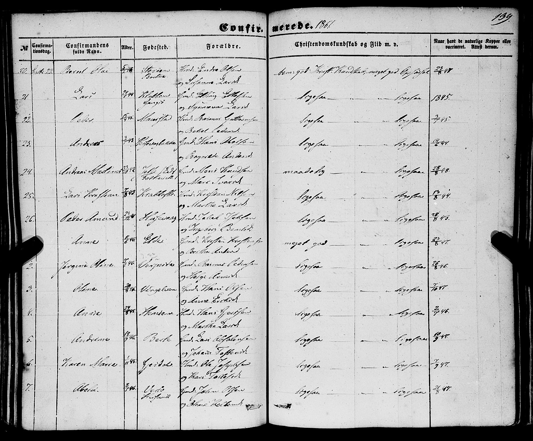 Davik sokneprestembete, AV/SAB-A-79701/H/Haa/Haaa/L0005: Parish register (official) no. A 5, 1850-1866, p. 139