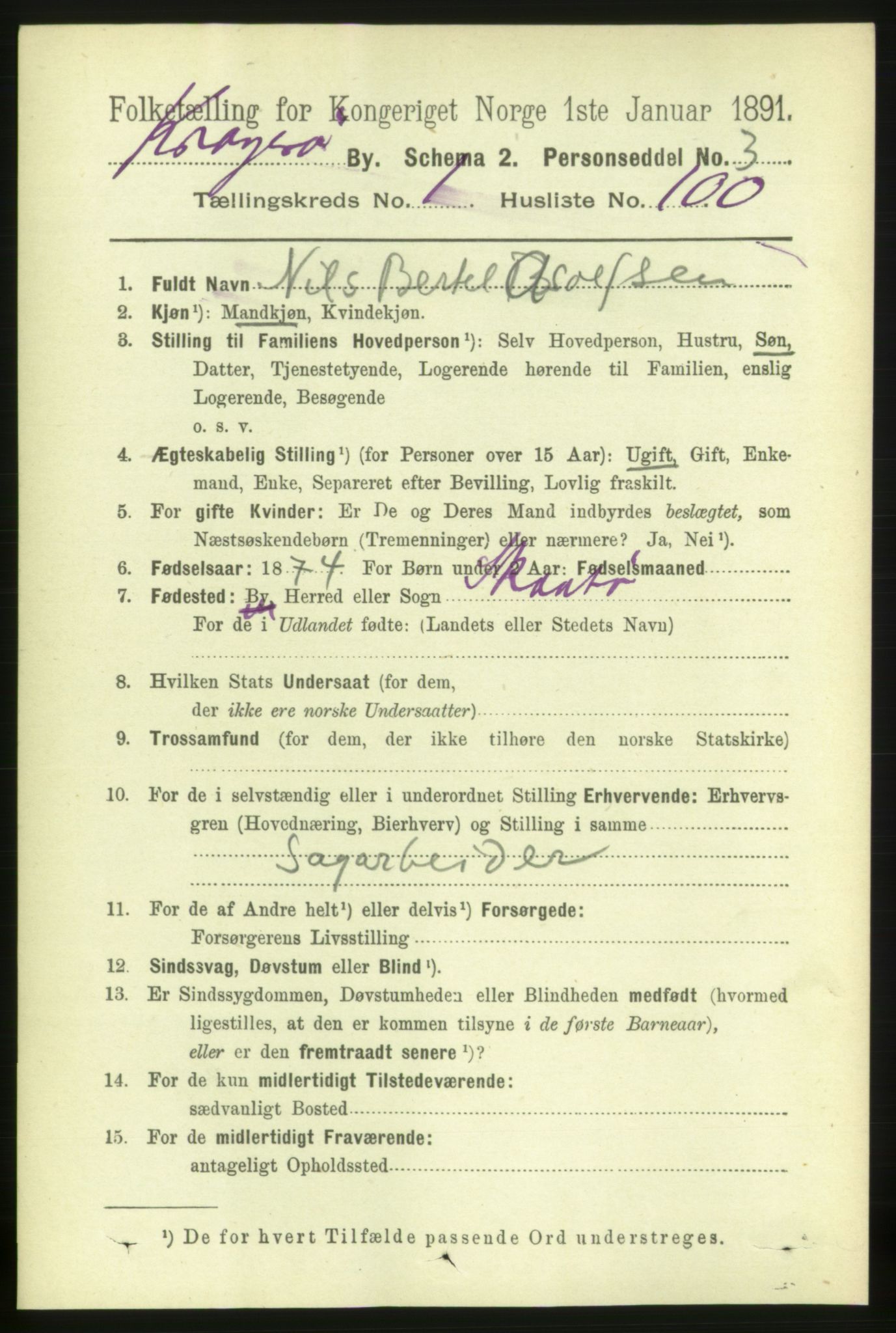 RA, 1891 census for 0801 Kragerø, 1891, p. 2496