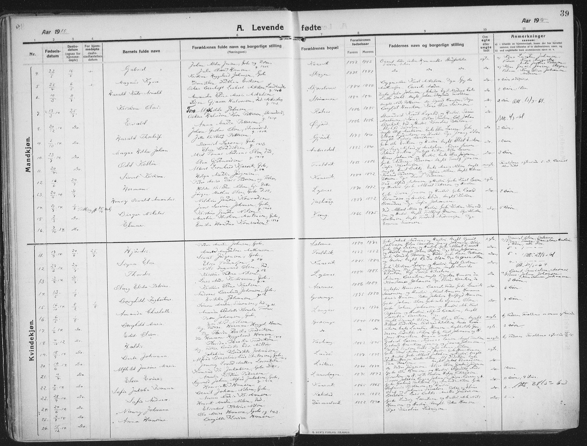 Lenvik sokneprestembete, AV/SATØ-S-1310/H/Ha/Haa/L0016kirke: Parish register (official) no. 16, 1910-1924, p. 39