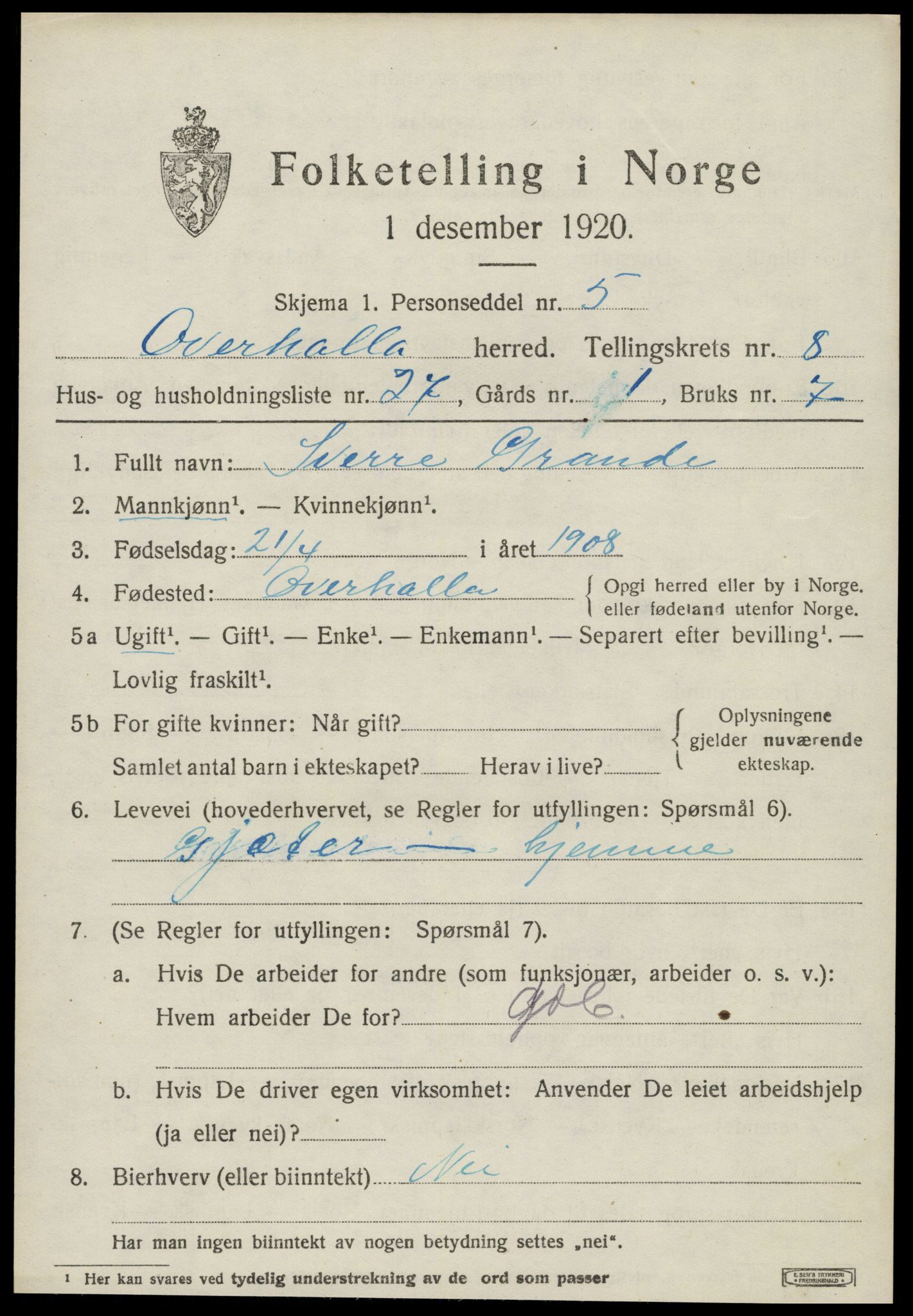 SAT, 1920 census for Overhalla, 1920, p. 5784