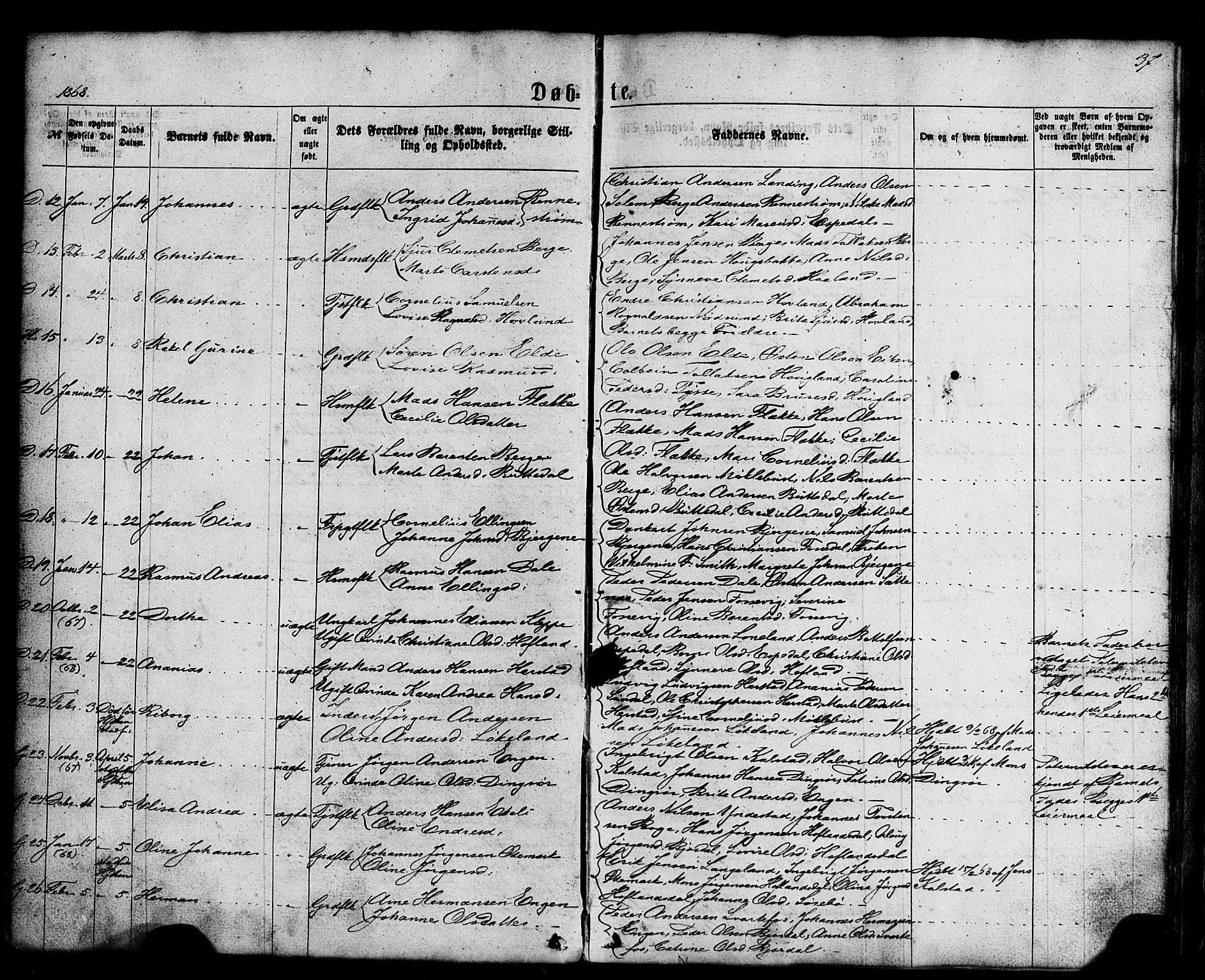 Fjaler sokneprestembete, SAB/A-79801/H/Haa/Haaa/L0007: Parish register (official) no. A 7, 1862-1881, p. 37