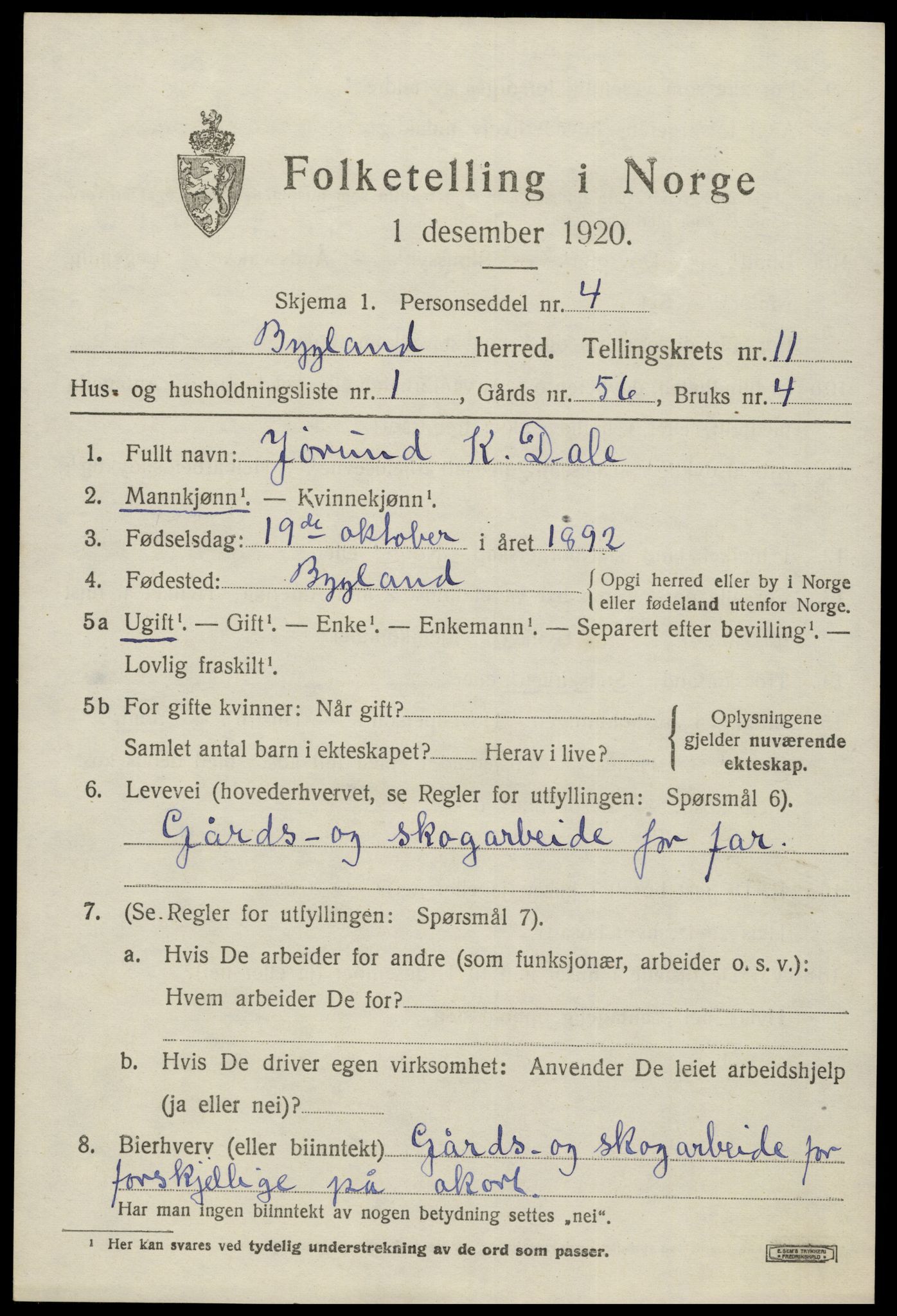 SAK, 1920 census for Bygland, 1920, p. 4131