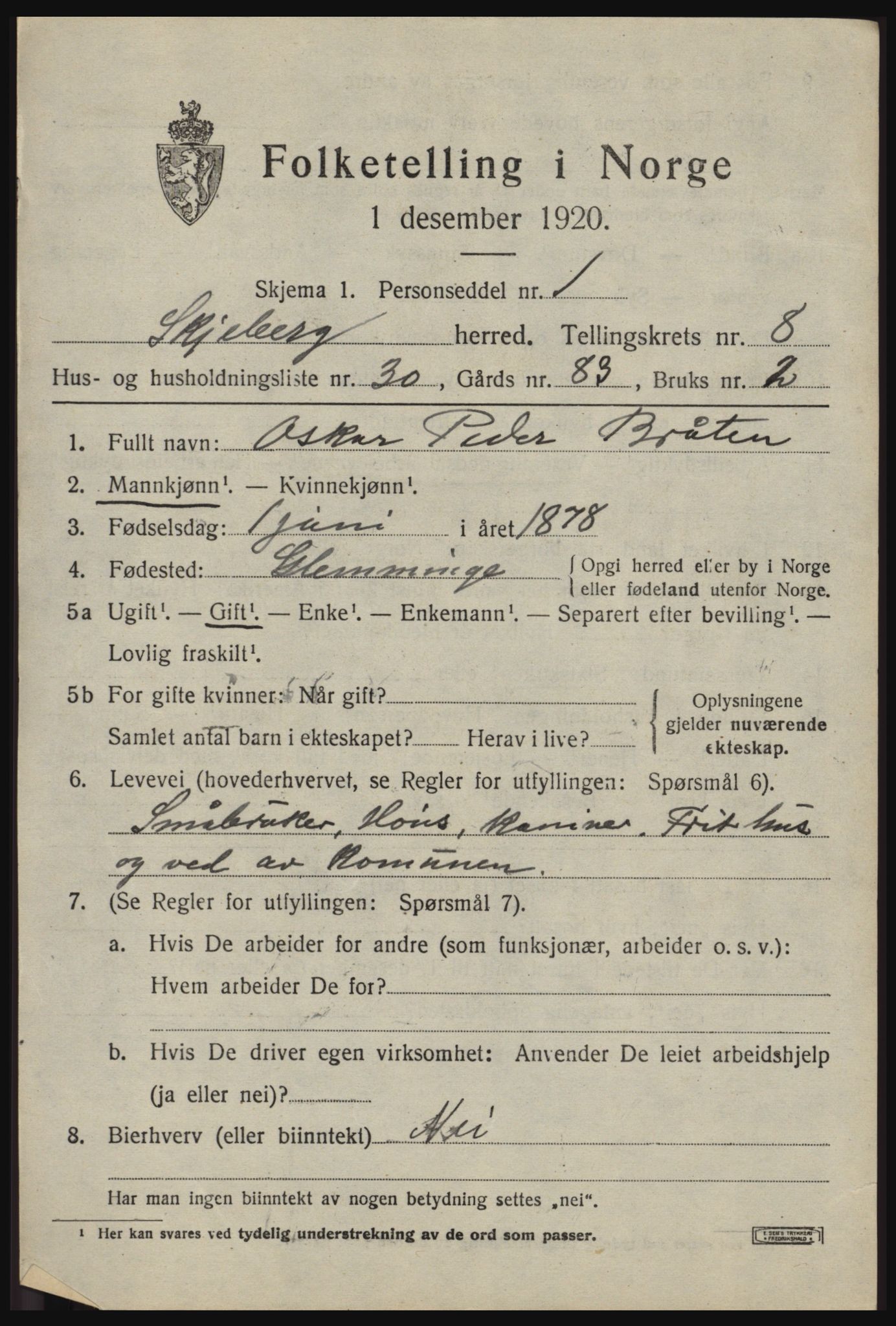 SAO, 1920 census for Skjeberg, 1920, p. 8213