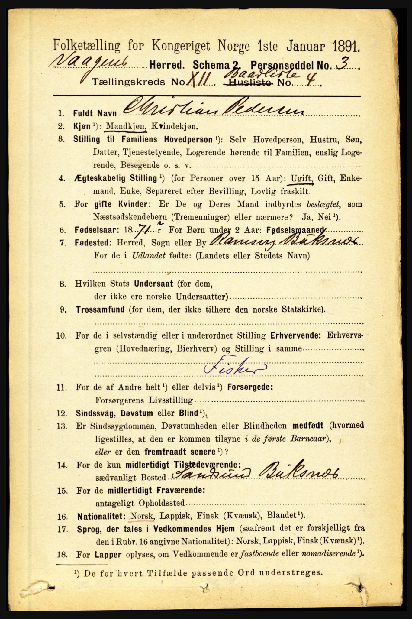RA, 1891 census for 1865 Vågan, 1891, p. 3267