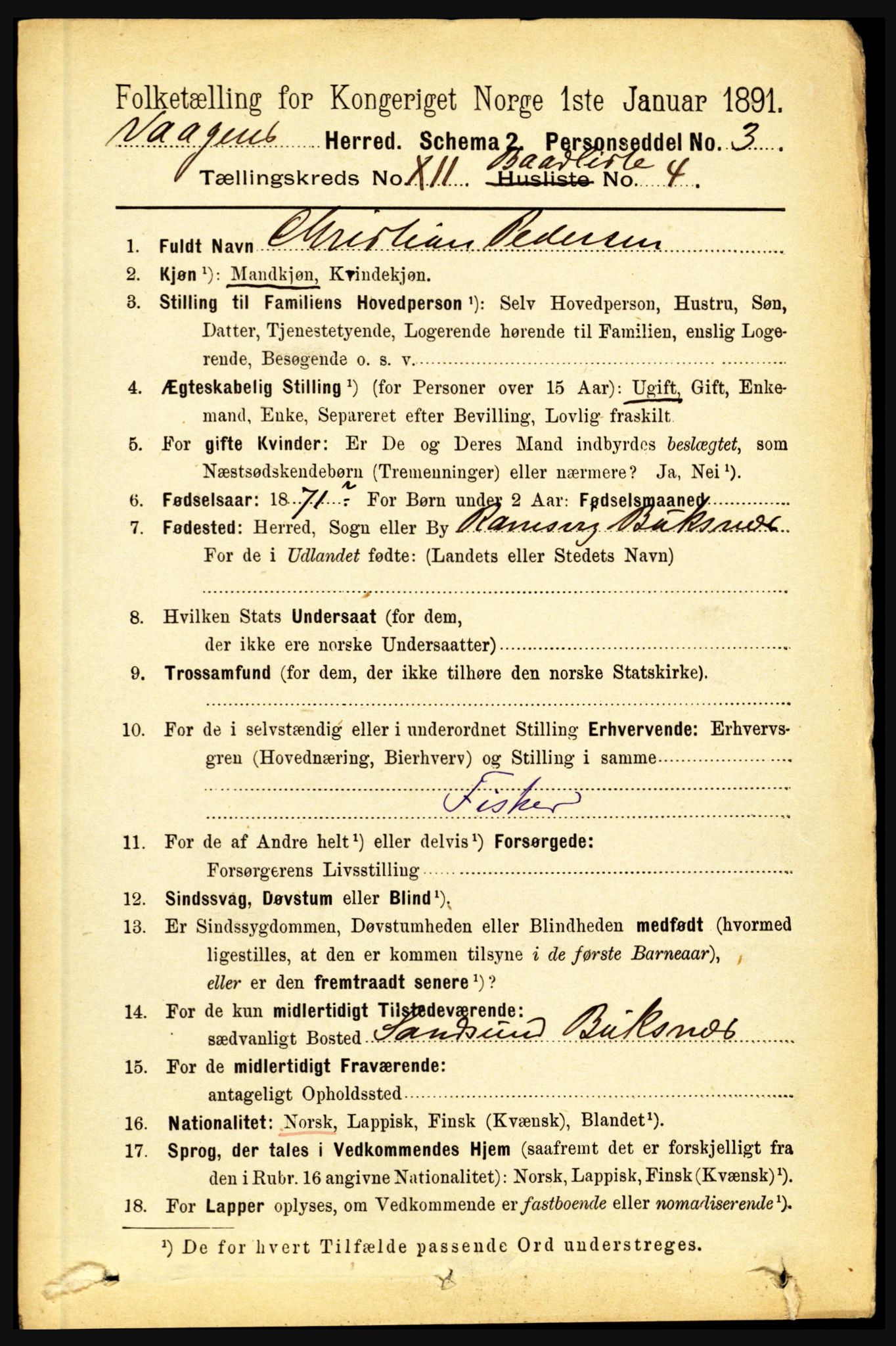 RA, 1891 census for 1865 Vågan, 1891, p. 3267