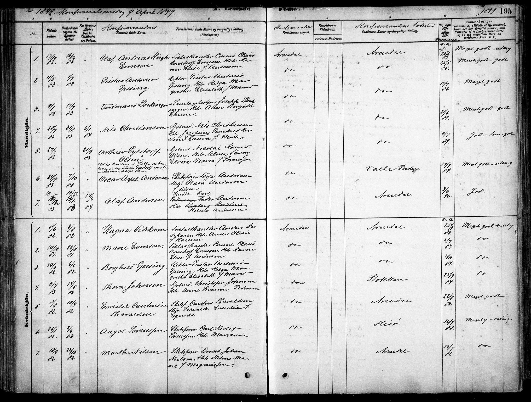 Arendal sokneprestkontor, Trefoldighet, SAK/1111-0040/F/Fa/L0008: Parish register (official) no. A 8, 1878-1899, p. 195