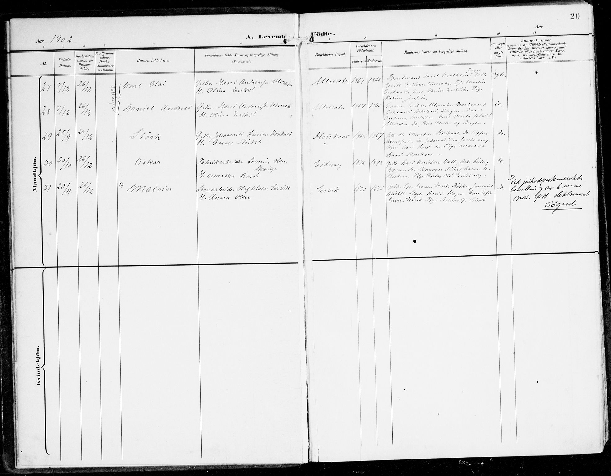 Hamre sokneprestembete, AV/SAB-A-75501/H/Ha/Haa/Haad/L0002: Parish register (official) no. D 2, 1899-1916, p. 20