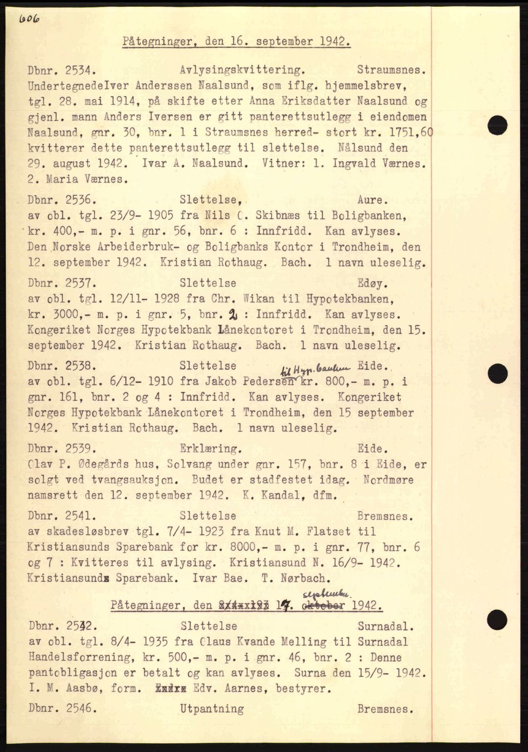 Nordmøre sorenskriveri, AV/SAT-A-4132/1/2/2Ca: Mortgage book no. C81, 1940-1945, Diary no: : 2534/1942