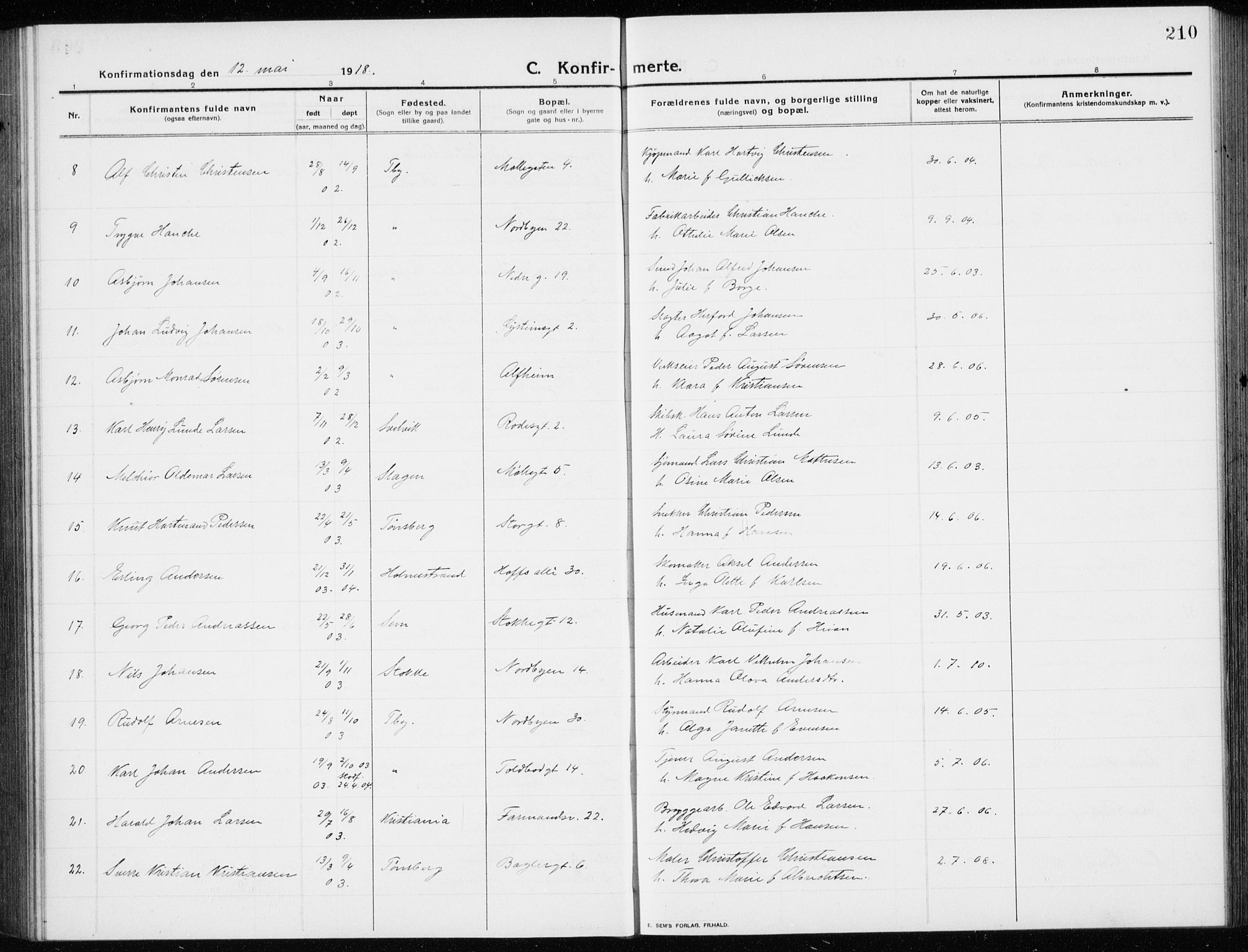 Tønsberg kirkebøker, AV/SAKO-A-330/G/Ga/L0009: Parish register (copy) no. 9, 1913-1920, p. 210