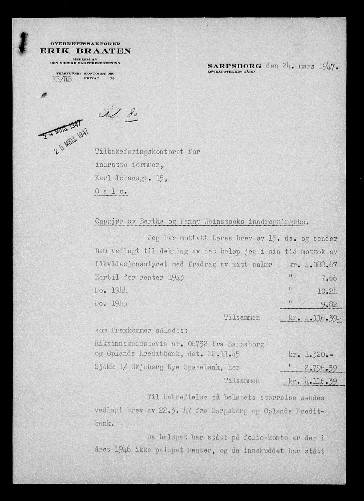 Justisdepartementet, Tilbakeføringskontoret for inndratte formuer, AV/RA-S-1564/H/Hc/Hcc/L0986: --, 1945-1947, p. 16