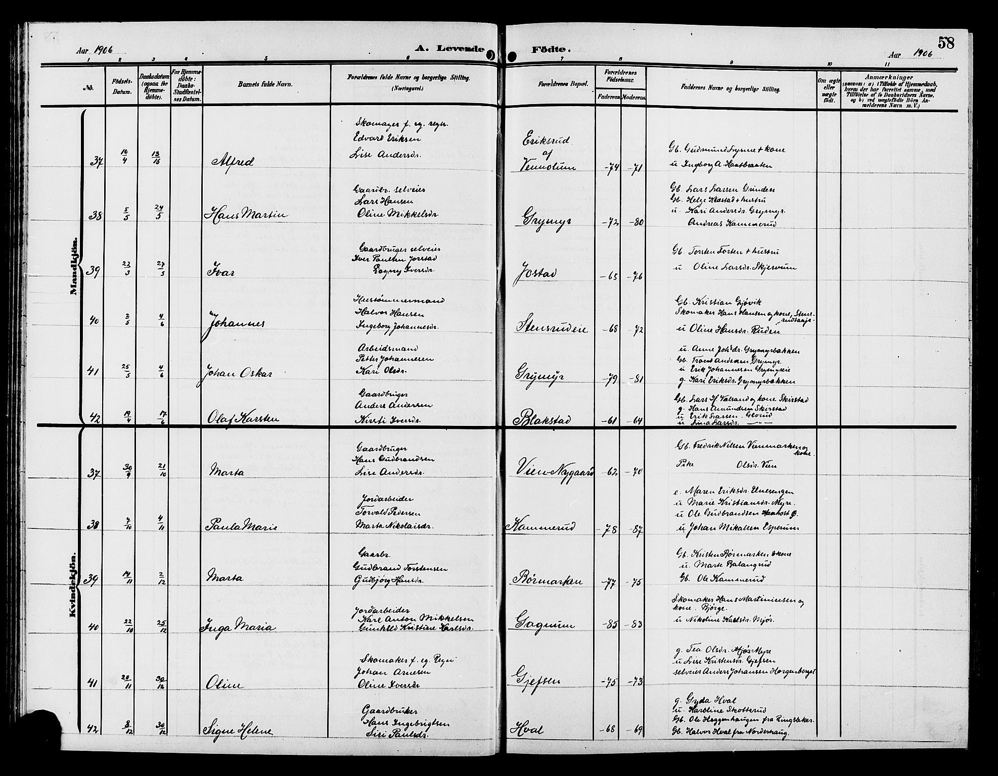 Gran prestekontor, AV/SAH-PREST-112/H/Ha/Hab/L0006: Parish register (copy) no. 6, 1901-1911, p. 58