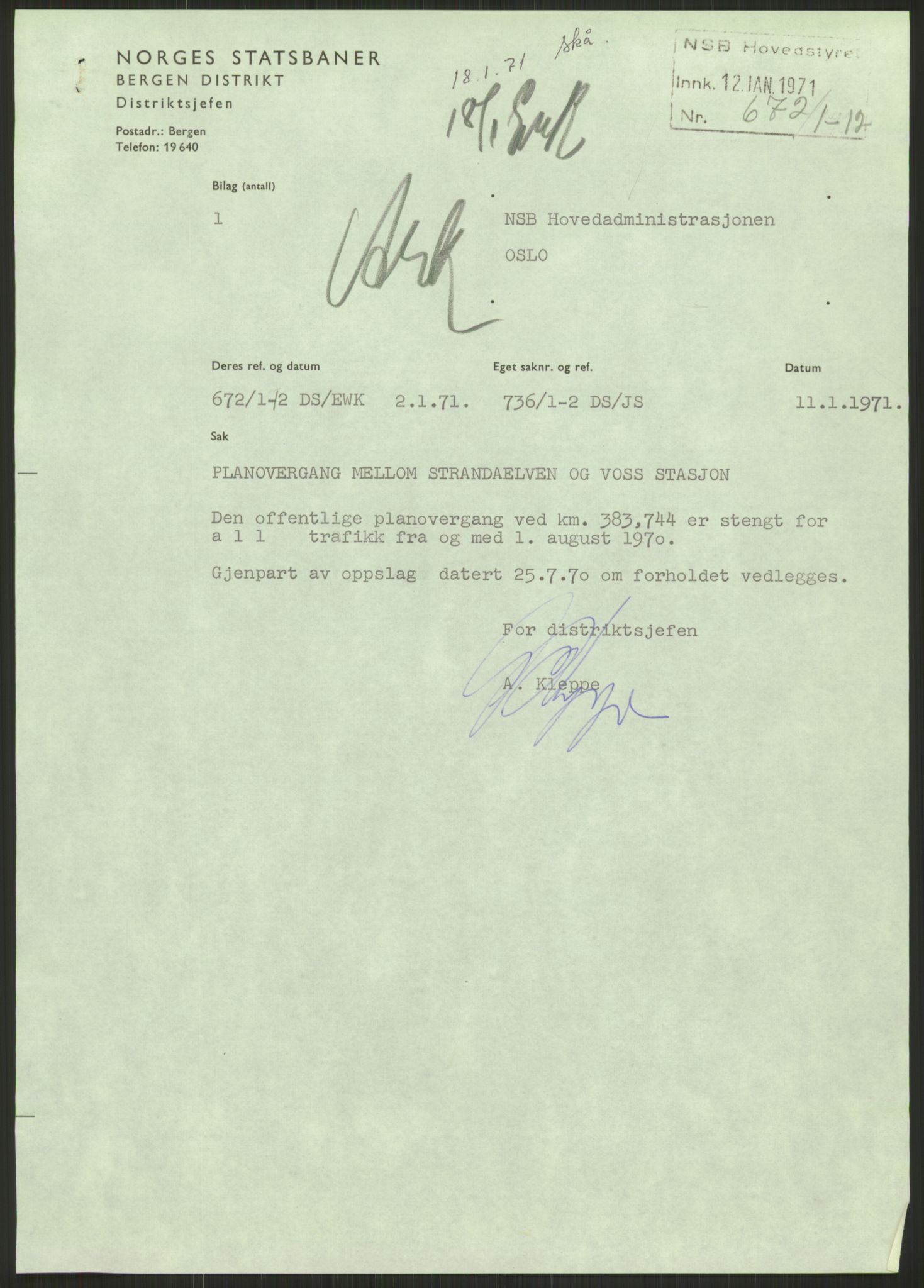 Norges Statsbaner, Driftsavdelingen, AV/RA-S-5409/D/L0498/0003: Planoverganger. Stavanger distrikt. Bergen distrikt / Planoverganger på Bergensbanen med sidelinjer, 1954-1971, p. 3