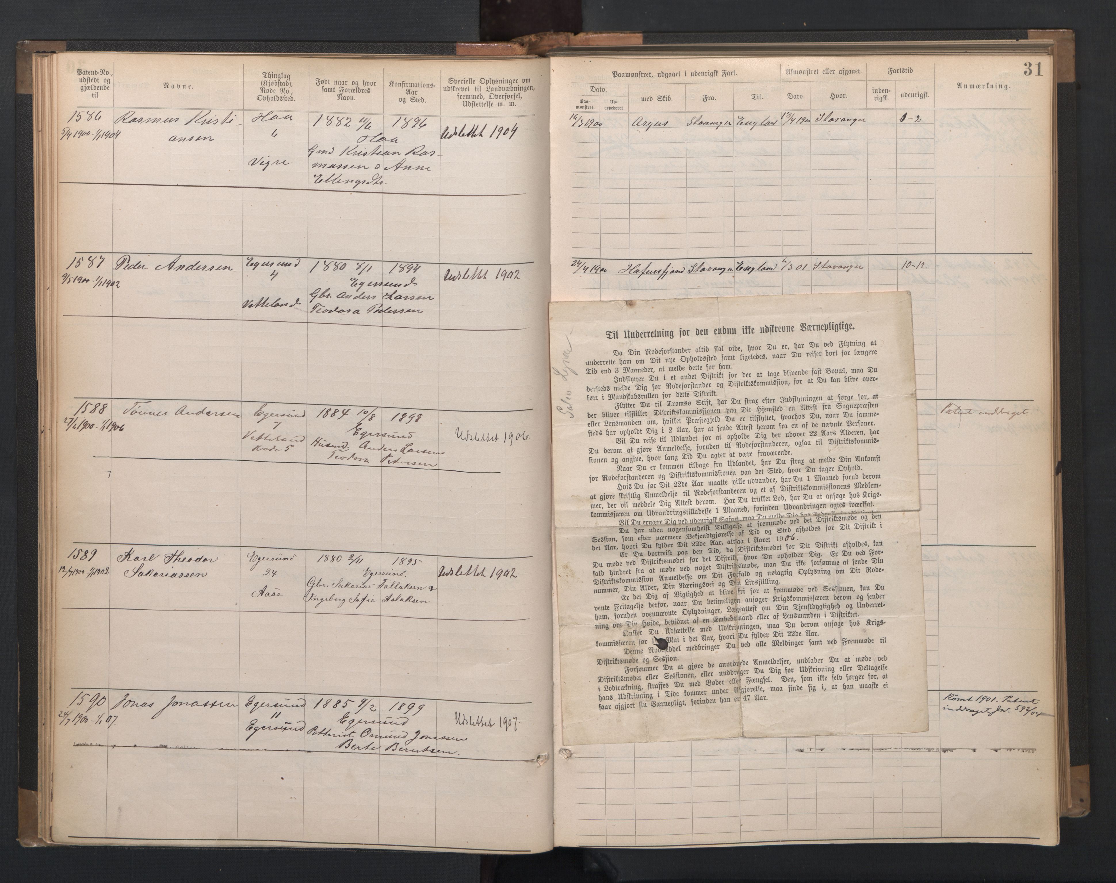 Egersund mønstringskrets, SAK/2031-0019/F/Fa/L0002: Annotasjonsrulle nr 1441-2064 med register, O-2, 1895-1931, p. 54