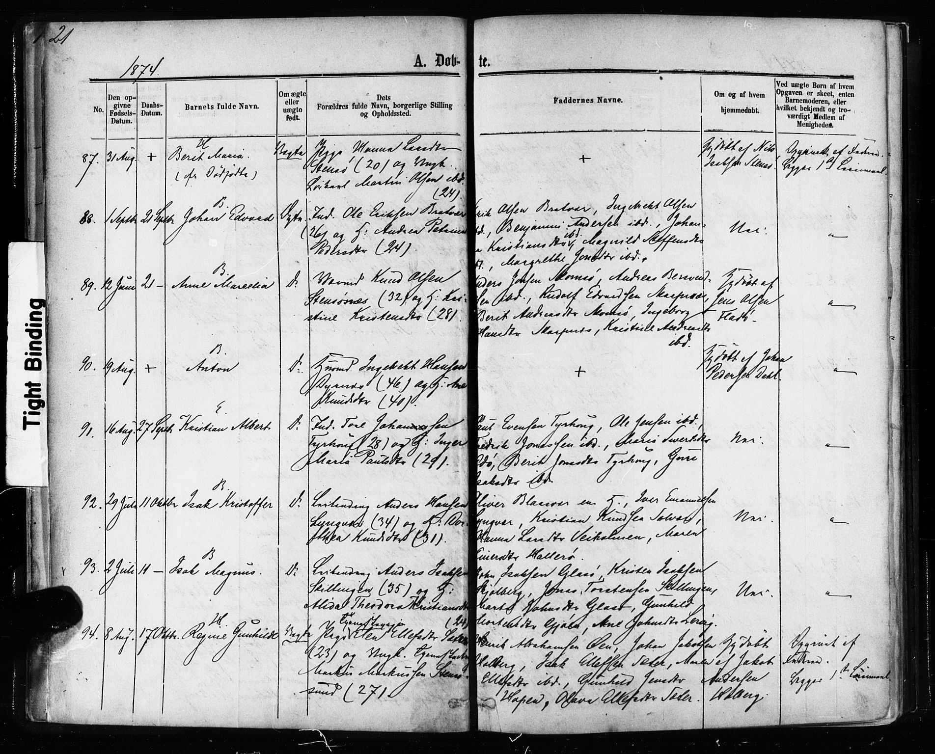 Ministerialprotokoller, klokkerbøker og fødselsregistre - Møre og Romsdal, AV/SAT-A-1454/581/L0938: Parish register (official) no. 581A06, 1873-1879, p. 21