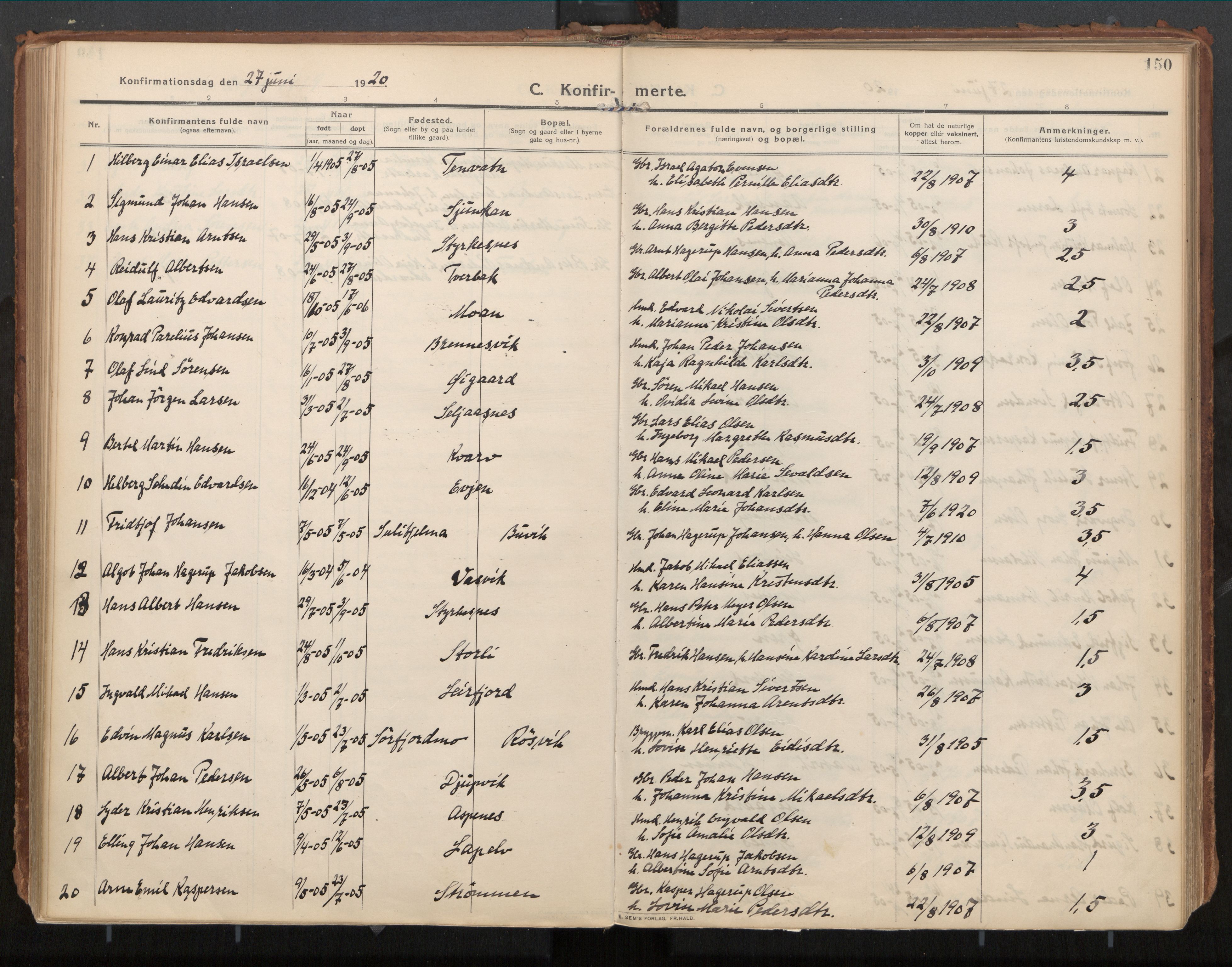 Ministerialprotokoller, klokkerbøker og fødselsregistre - Nordland, AV/SAT-A-1459/854/L0784: Parish register (official) no. 854A07, 1910-1922, p. 150