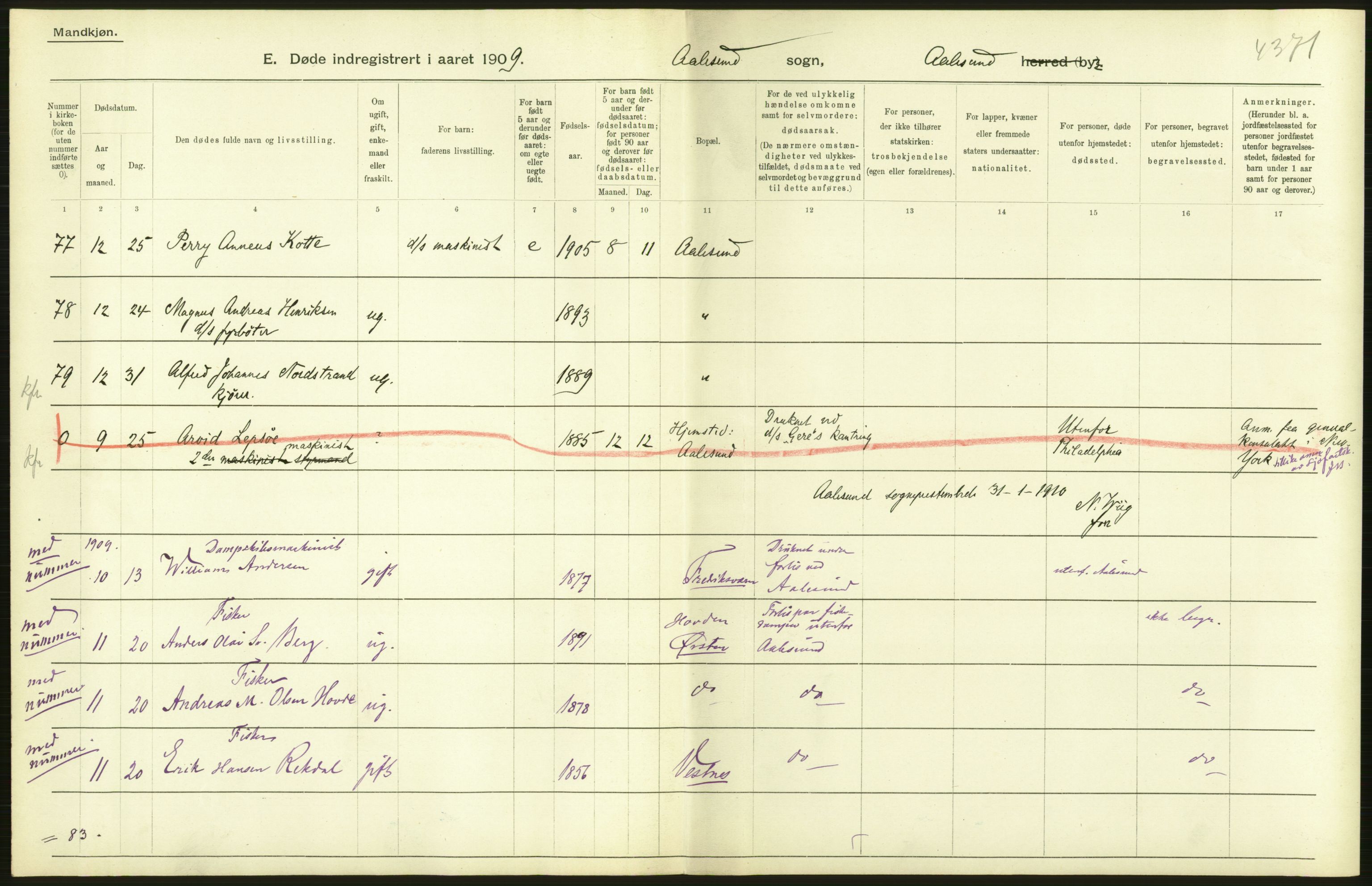 Statistisk sentralbyrå, Sosiodemografiske emner, Befolkning, AV/RA-S-2228/D/Df/Dfa/Dfag/L0038: Romsdals amt: Døde. Bygder og byer., 1909, p. 80