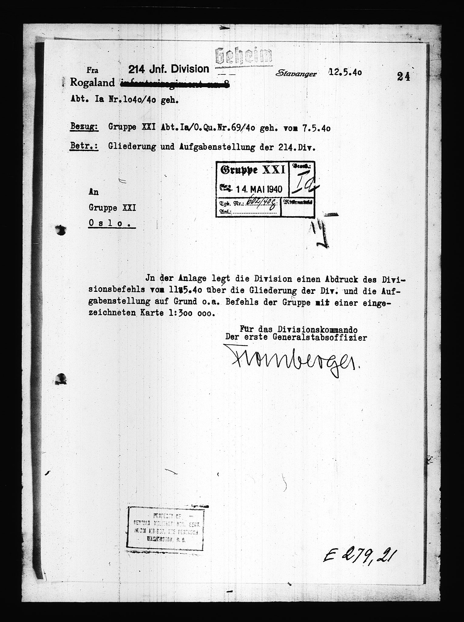 Documents Section, RA/RAFA-2200/V/L0083: Amerikansk mikrofilm "Captured German Documents".
Box No. 722.  FKA jnr. 615/1954., 1940, p. 416