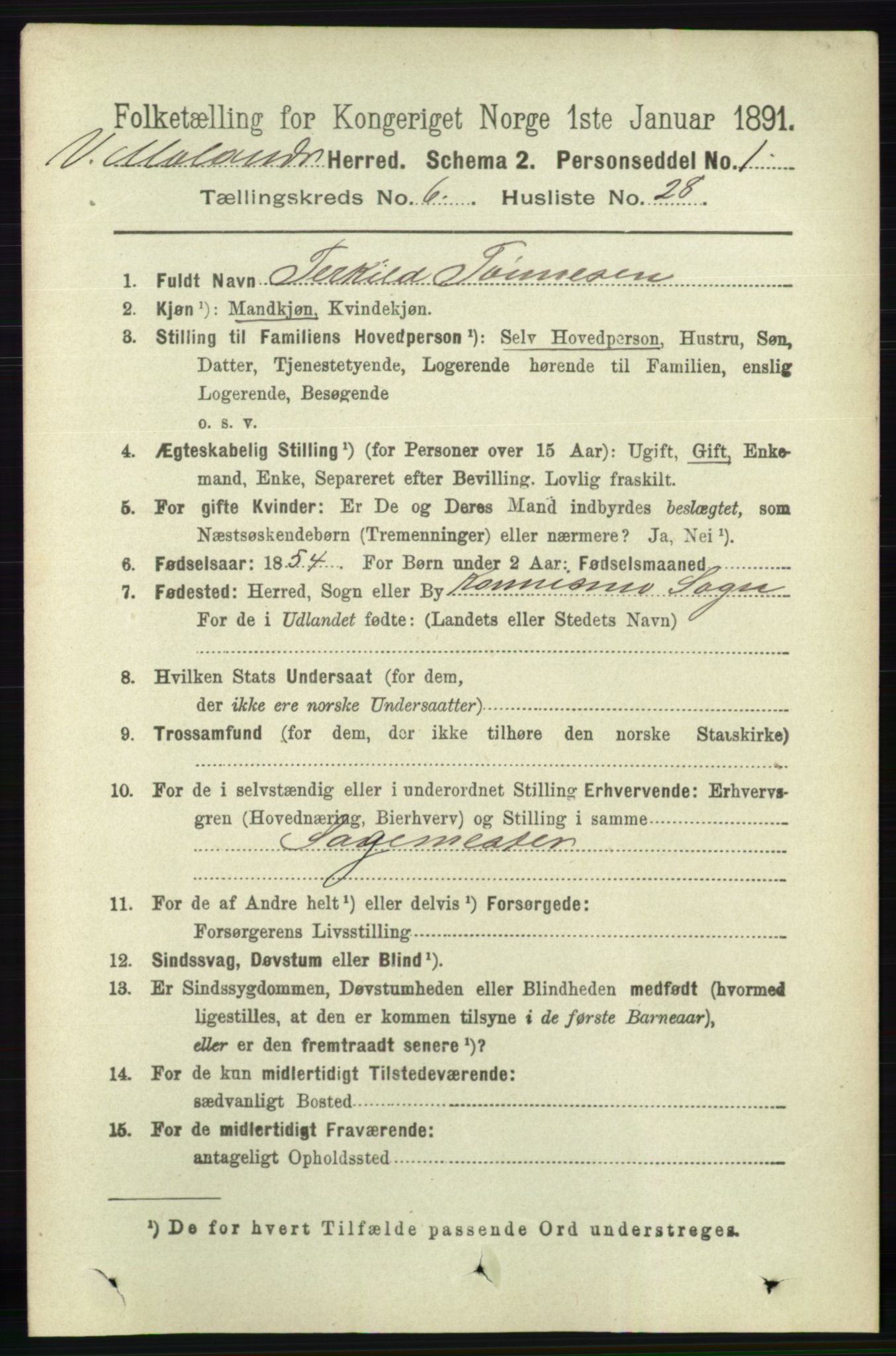 RA, 1891 census for 0926 Vestre Moland, 1891, p. 2482
