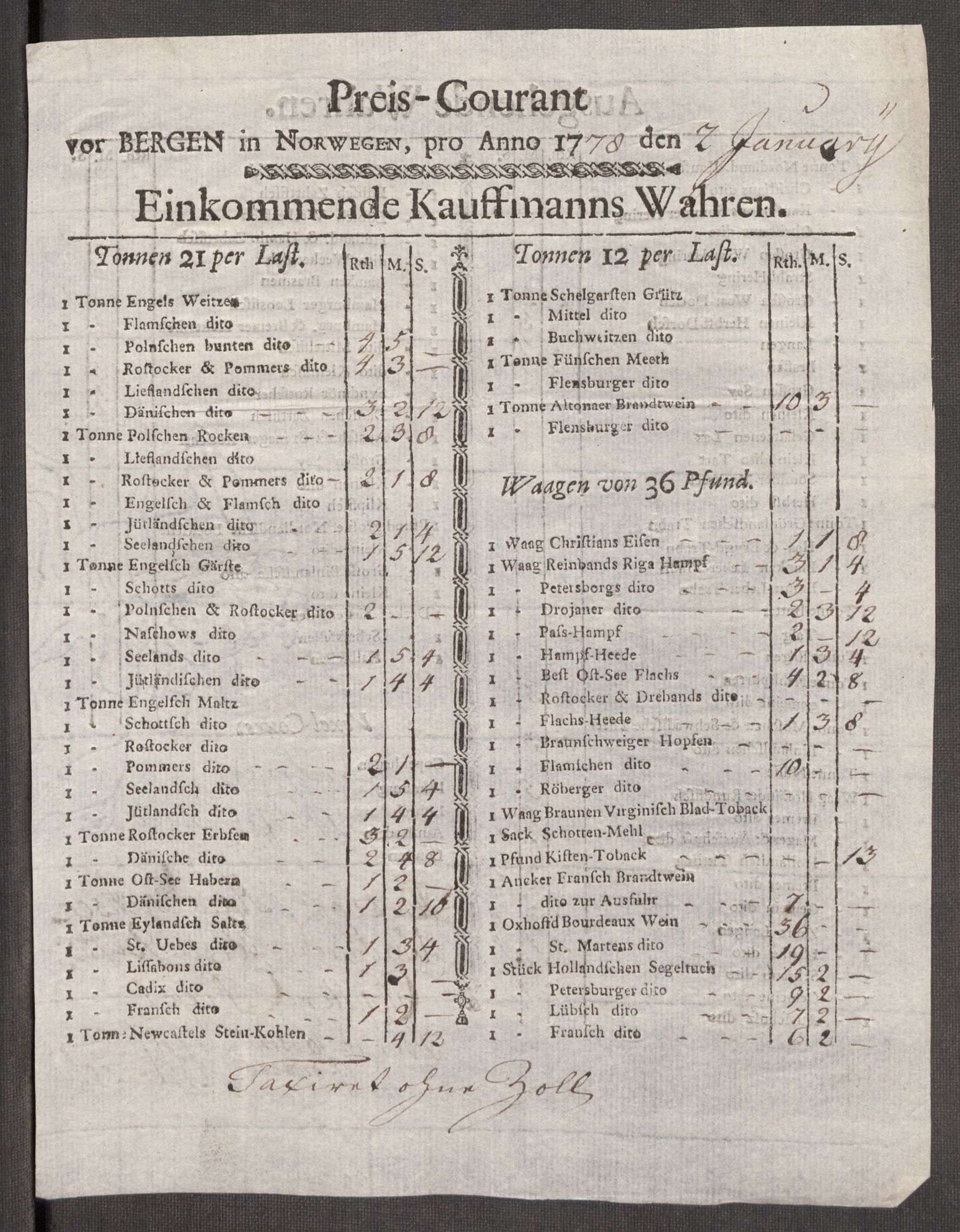 Generaltollkammeret, tollregnskaper, RA/EA-5490/R26/L0187/0002: Tollregnskaper Bergen A / Priskuranter, 1778