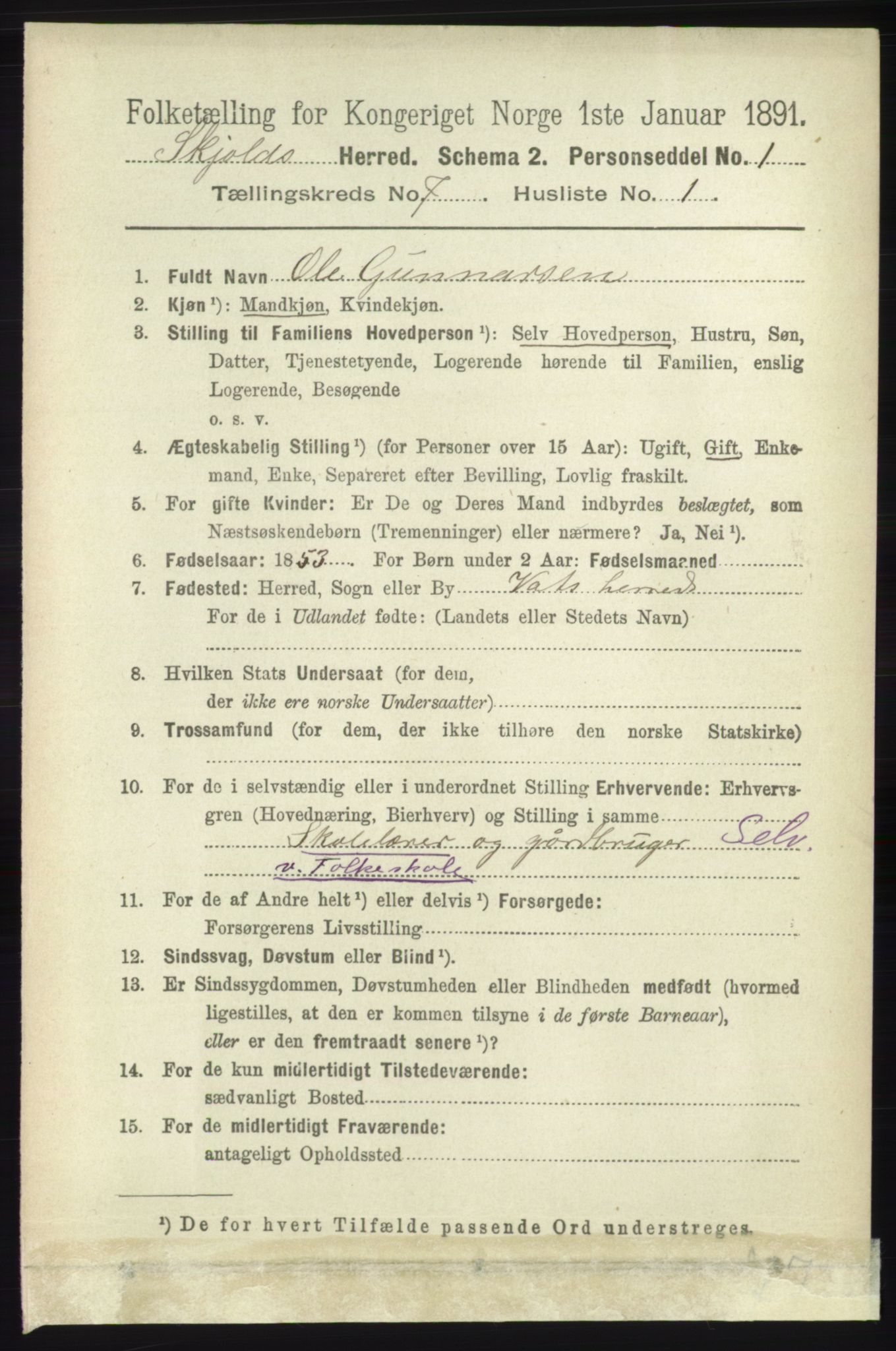 RA, 1891 census for 1154 Skjold, 1891, p. 1349