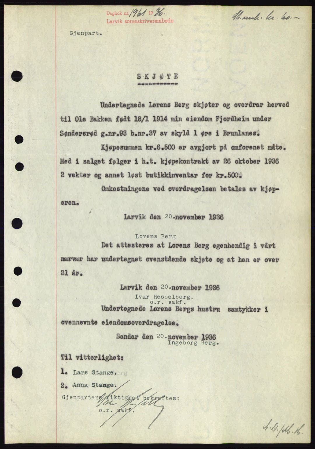 Larvik sorenskriveri, SAKO/A-83/G/Ga/Gab/L0067: Mortgage book no. A-1, 1936-1937, Diary no: : 1961/1936