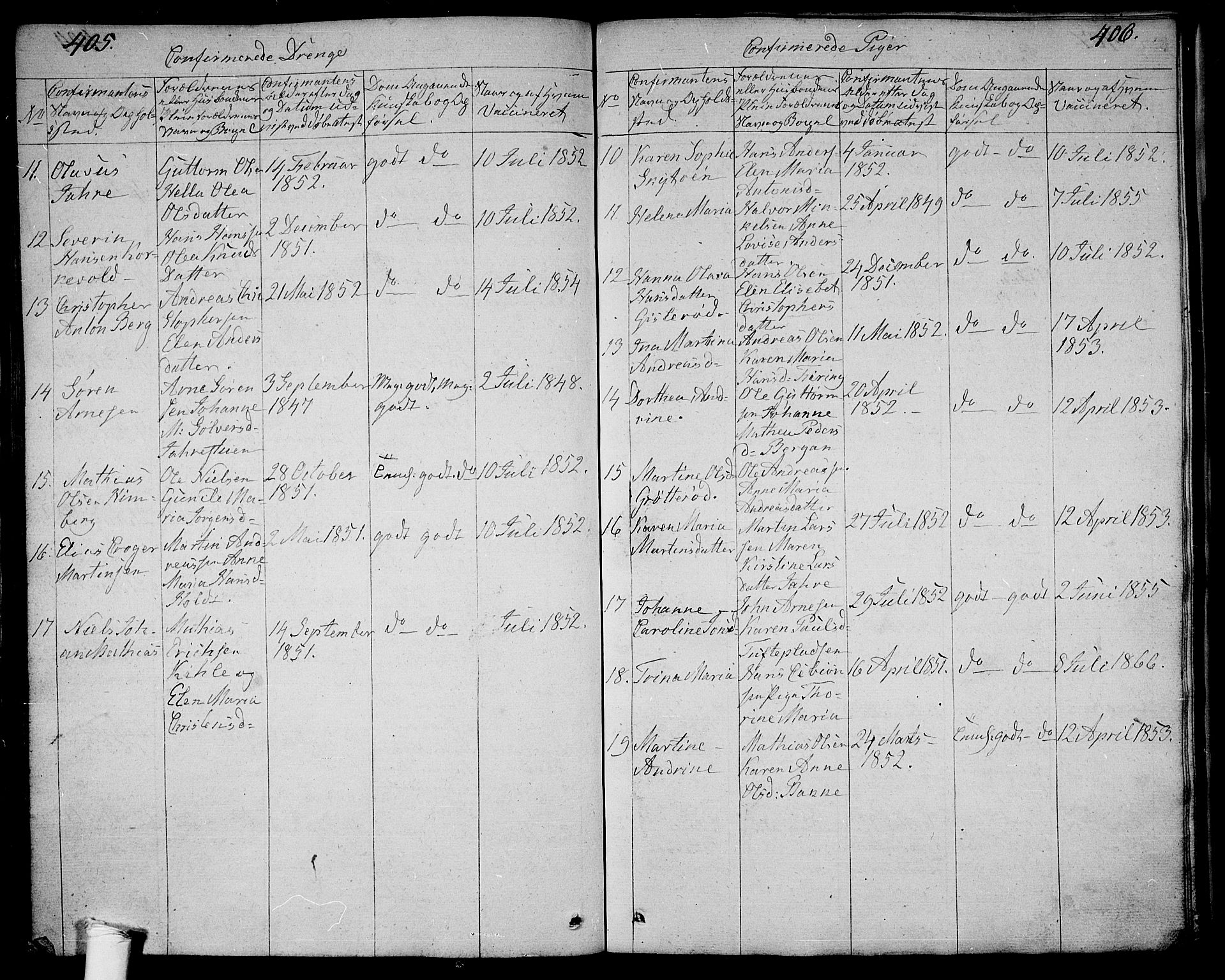 Ramnes kirkebøker, SAKO/A-314/G/Ga/L0002: Parish register (copy) no. I 2, 1848-1870, p. 405-406