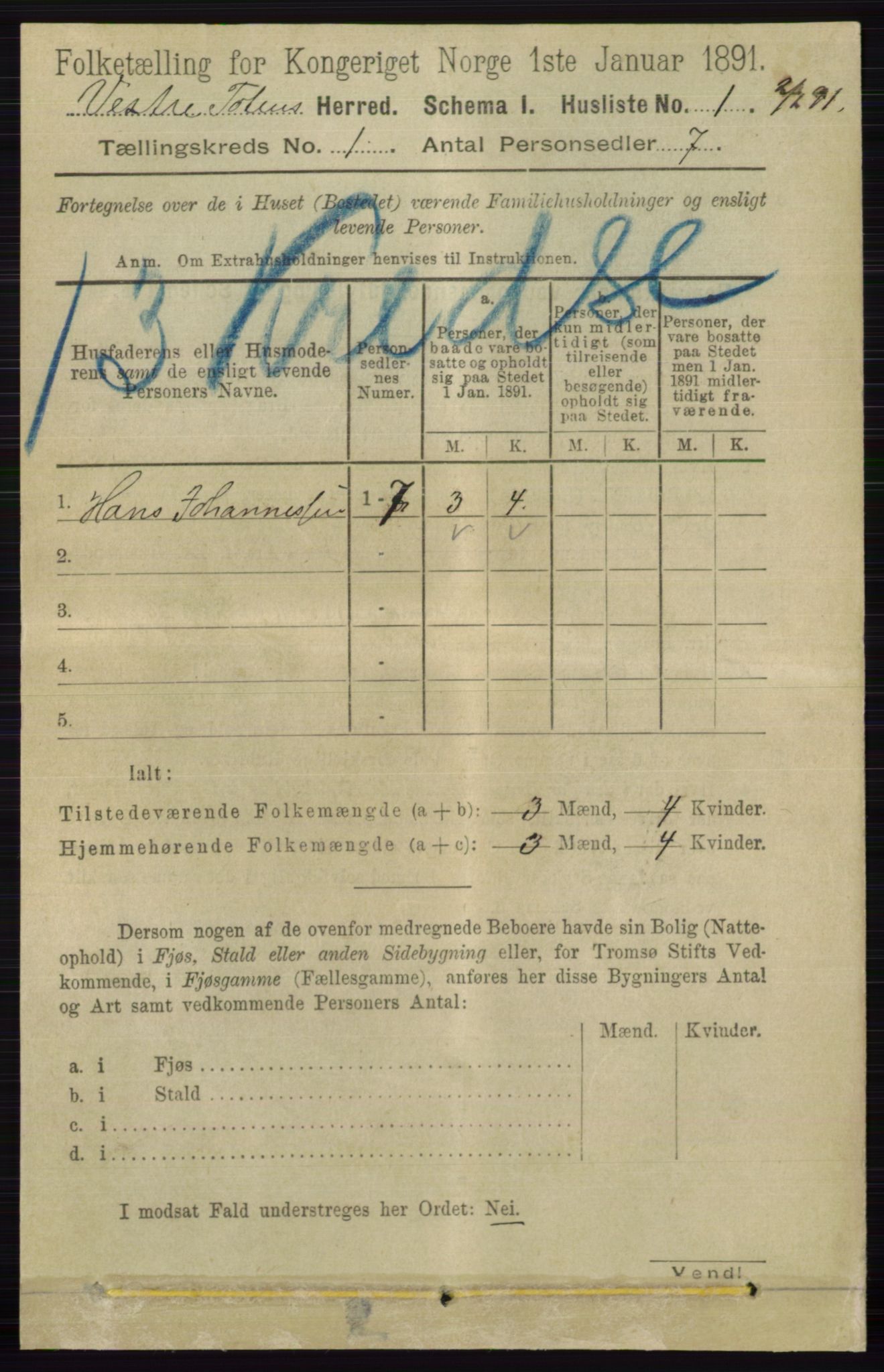 RA, 1891 census for 0529 Vestre Toten, 1891, p. 43