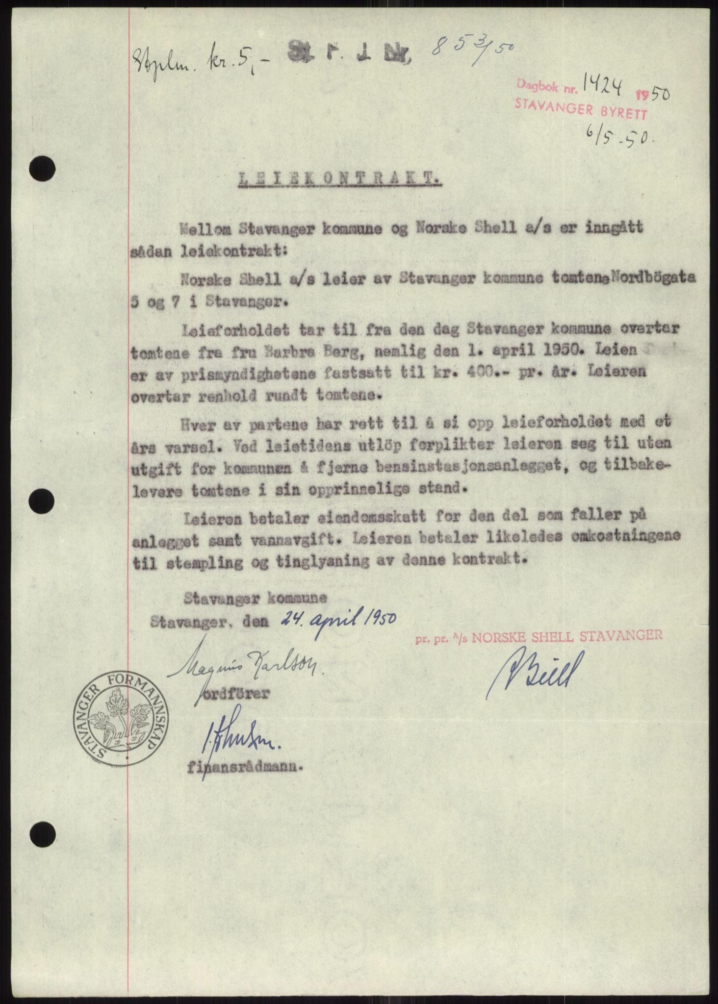 Stavanger byrett, SAST/A-100455/002/G/Gb/L0032: Mortgage book, 1947-1950, Diary no: : 1424/1950