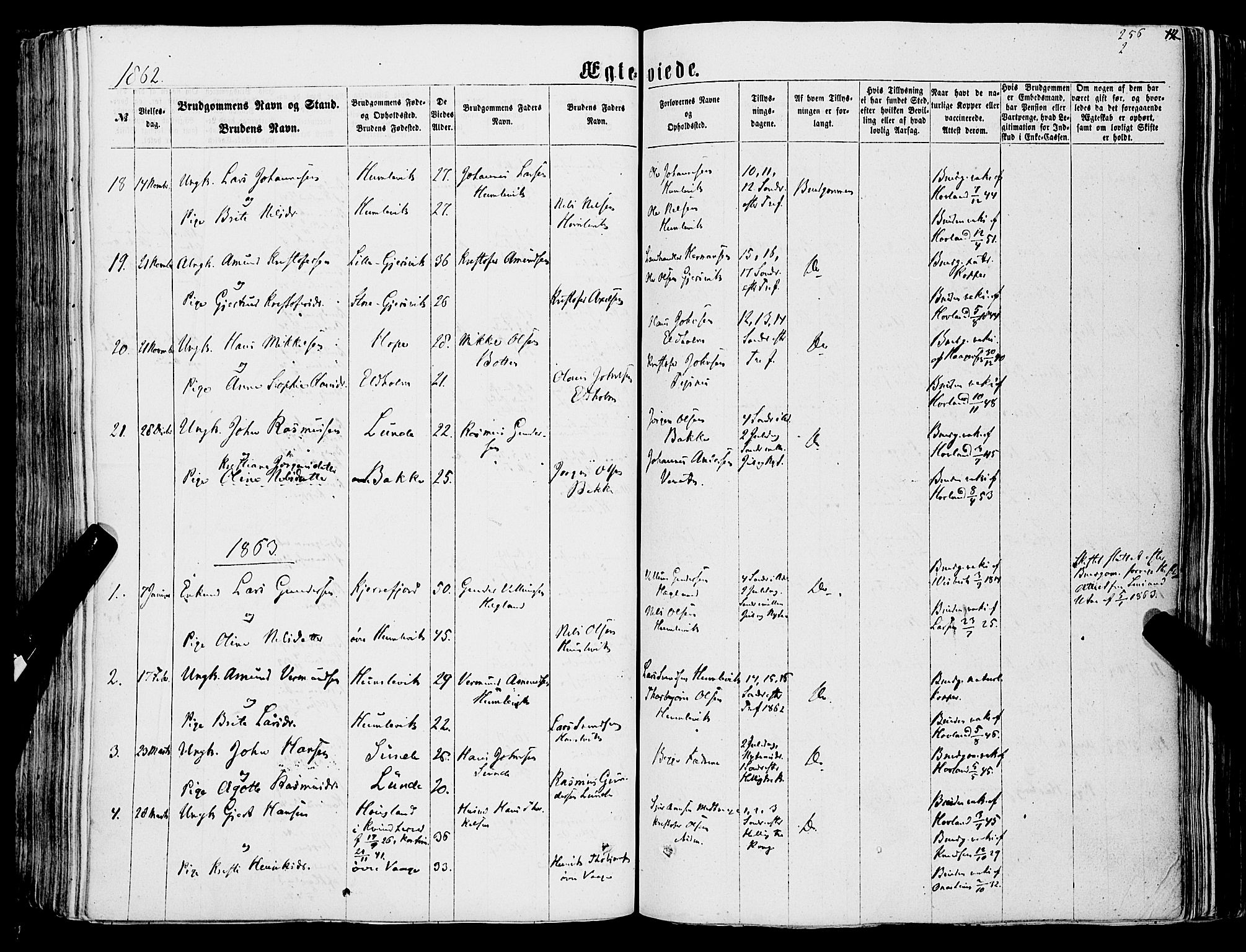 Tysnes sokneprestembete, AV/SAB-A-78601/H/Haa: Parish register (official) no. A 11, 1860-1871, p. 256