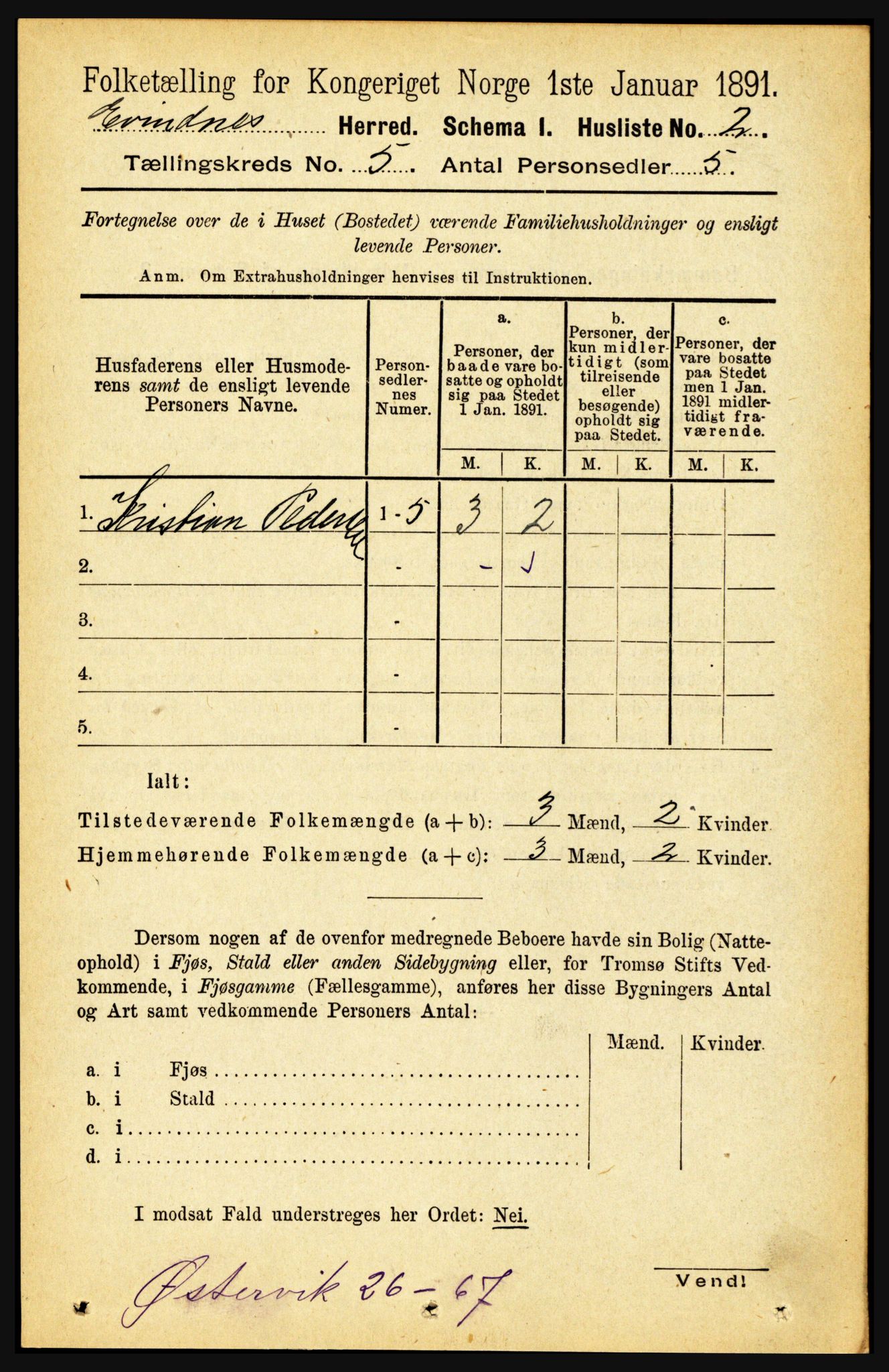 RA, 1891 census for 1853 Evenes, 1891, p. 1584