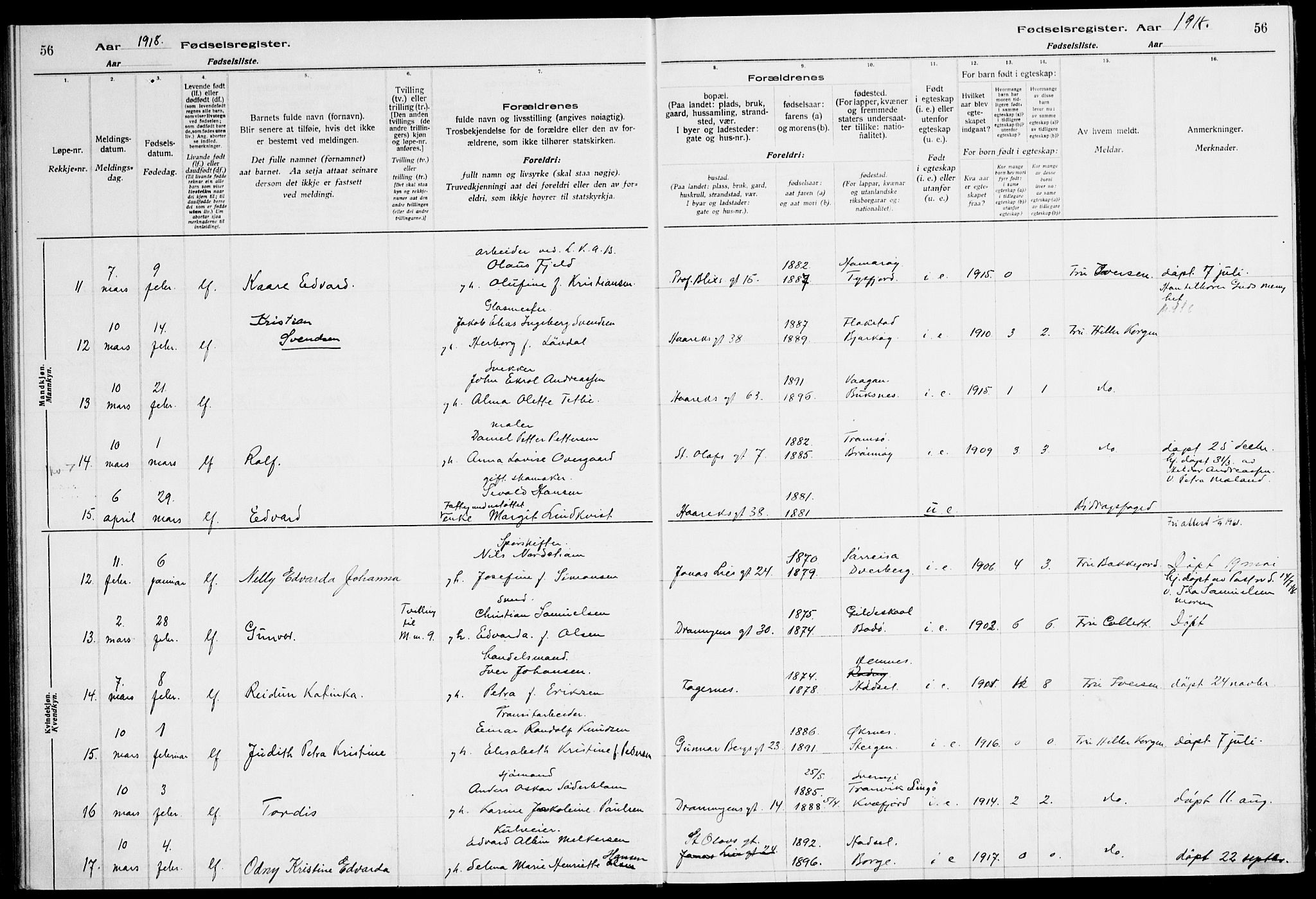 Ministerialprotokoller, klokkerbøker og fødselsregistre - Nordland, SAT/A-1459/871/L1013: Birth register no. 871.II.4.1, 1916-1924, p. 56