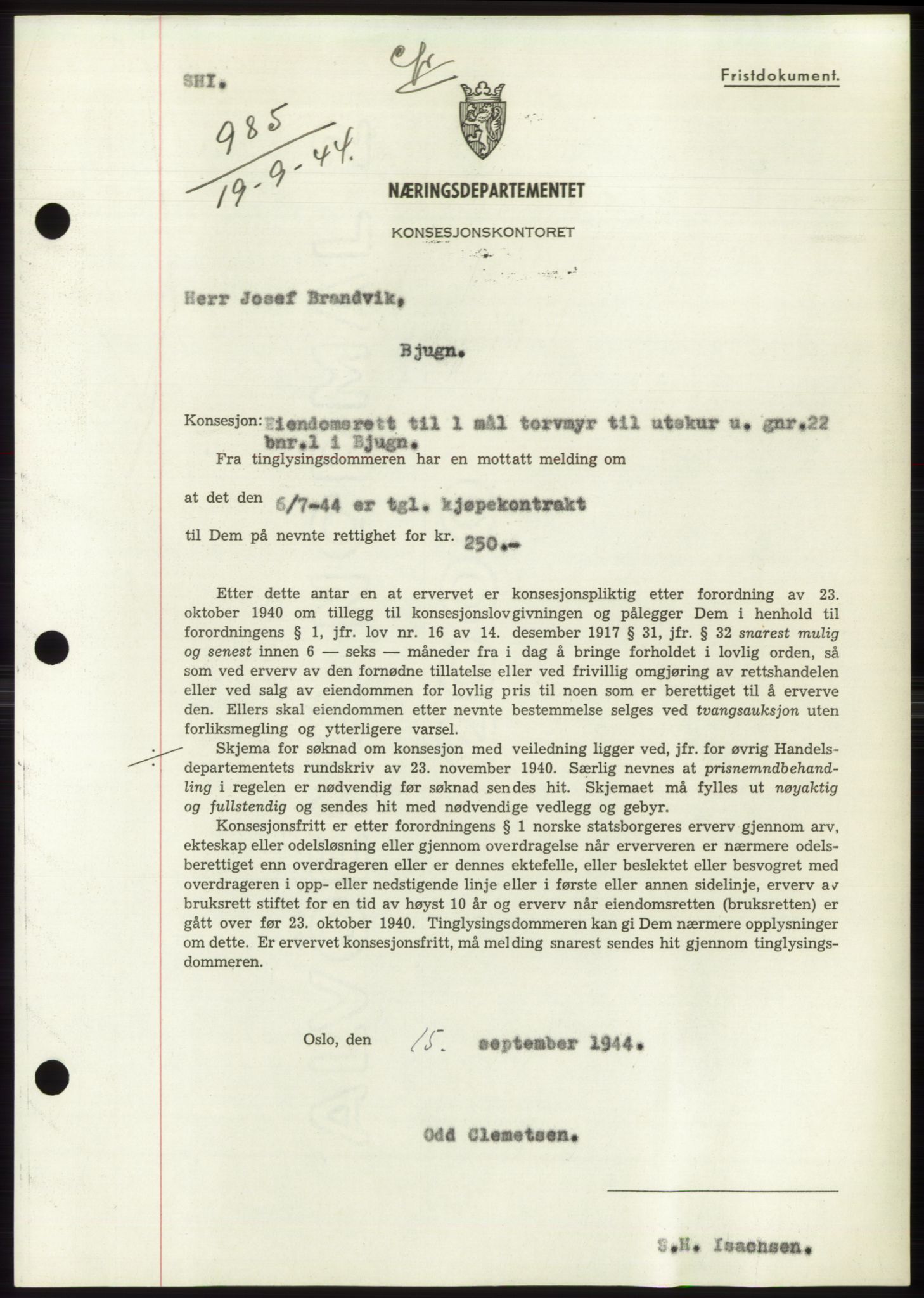 Fosen sorenskriveri, AV/SAT-A-1107/1/2/2C: Mortgage book no. B1, 1943-1946, Diary no: : 985/1944