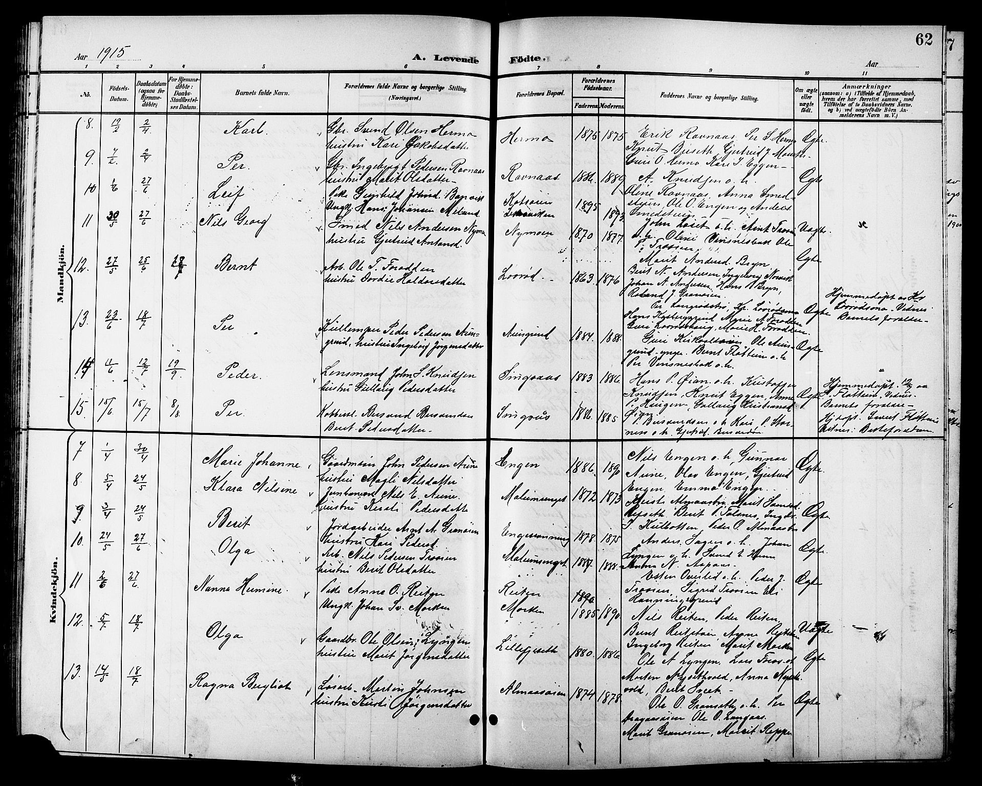 Ministerialprotokoller, klokkerbøker og fødselsregistre - Sør-Trøndelag, SAT/A-1456/688/L1029: Parish register (copy) no. 688C04, 1899-1915, p. 62