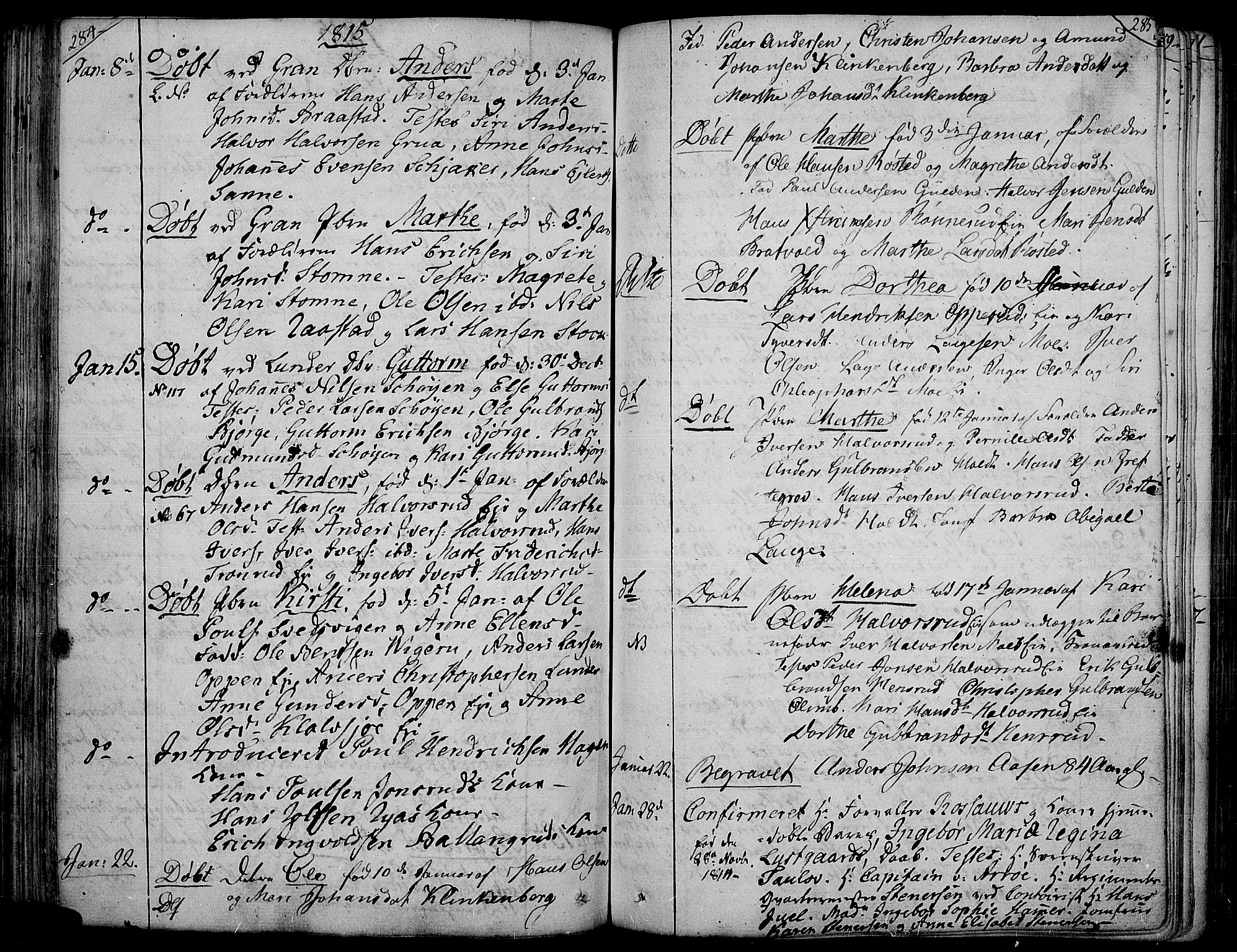 Jevnaker prestekontor, SAH/PREST-116/H/Ha/Haa/L0004: Parish register (official) no. 4, 1800-1861, p. 284-285