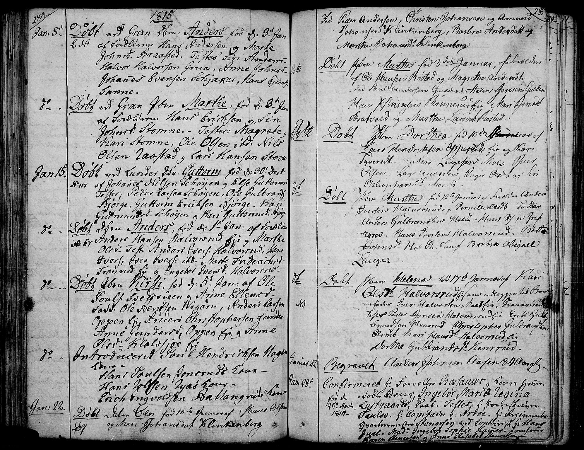 Jevnaker prestekontor, AV/SAH-PREST-116/H/Ha/Haa/L0004: Parish register (official) no. 4, 1800-1861, p. 284-285